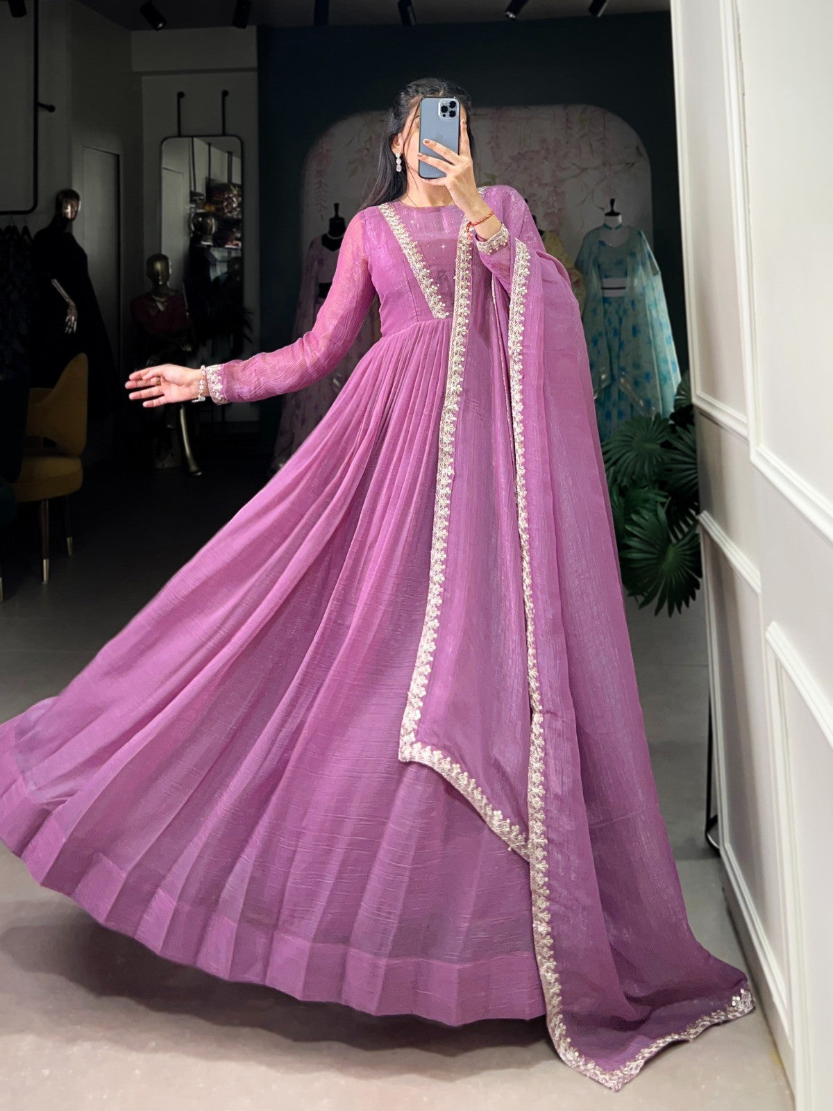 Embroidered Anarkali Gown with Dupatta Silver Glory Fabric Festive and Wedding Wear