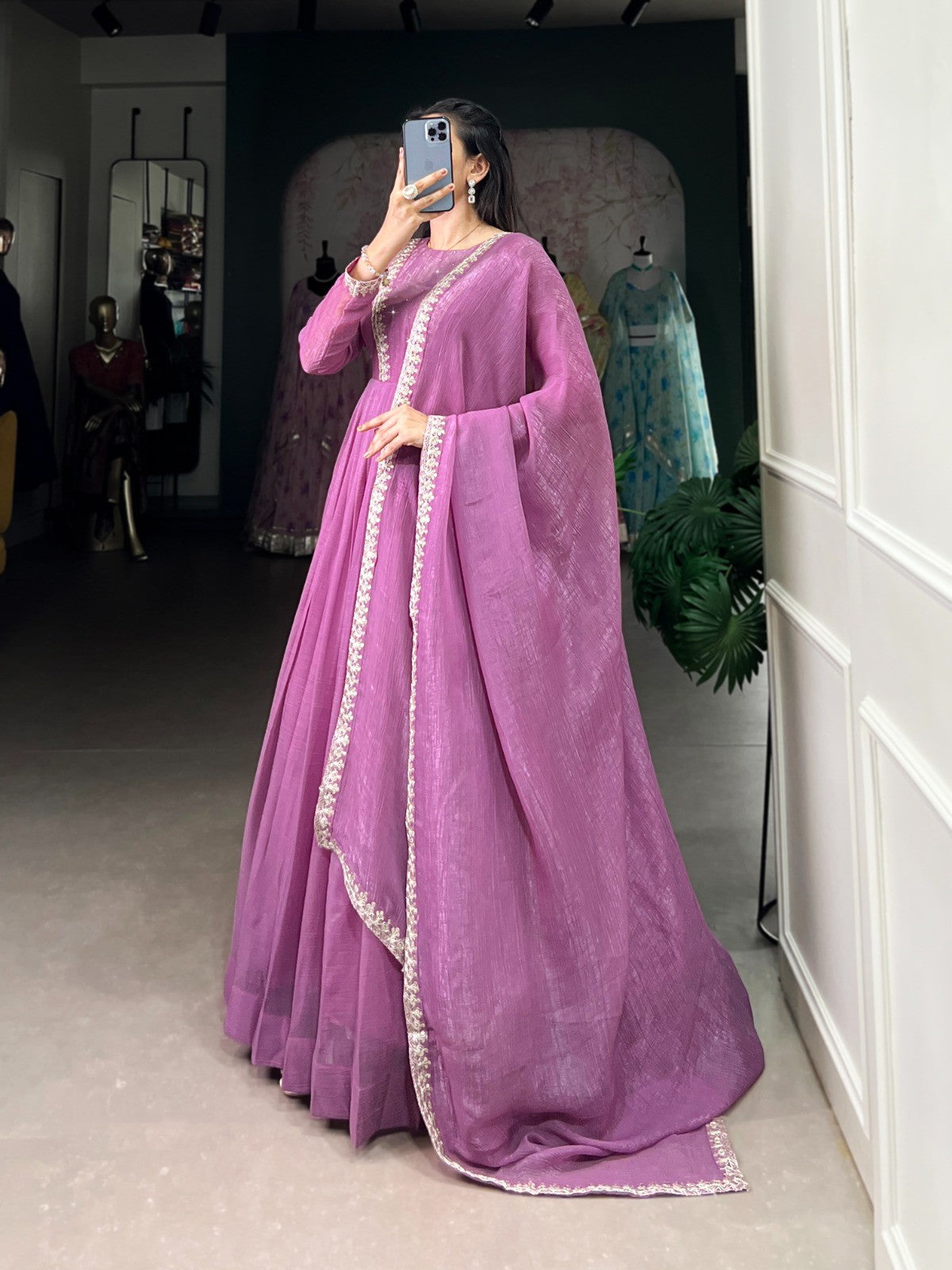 Embroidered Anarkali Gown with Dupatta Silver Glory Fabric Festive and Wedding Wear