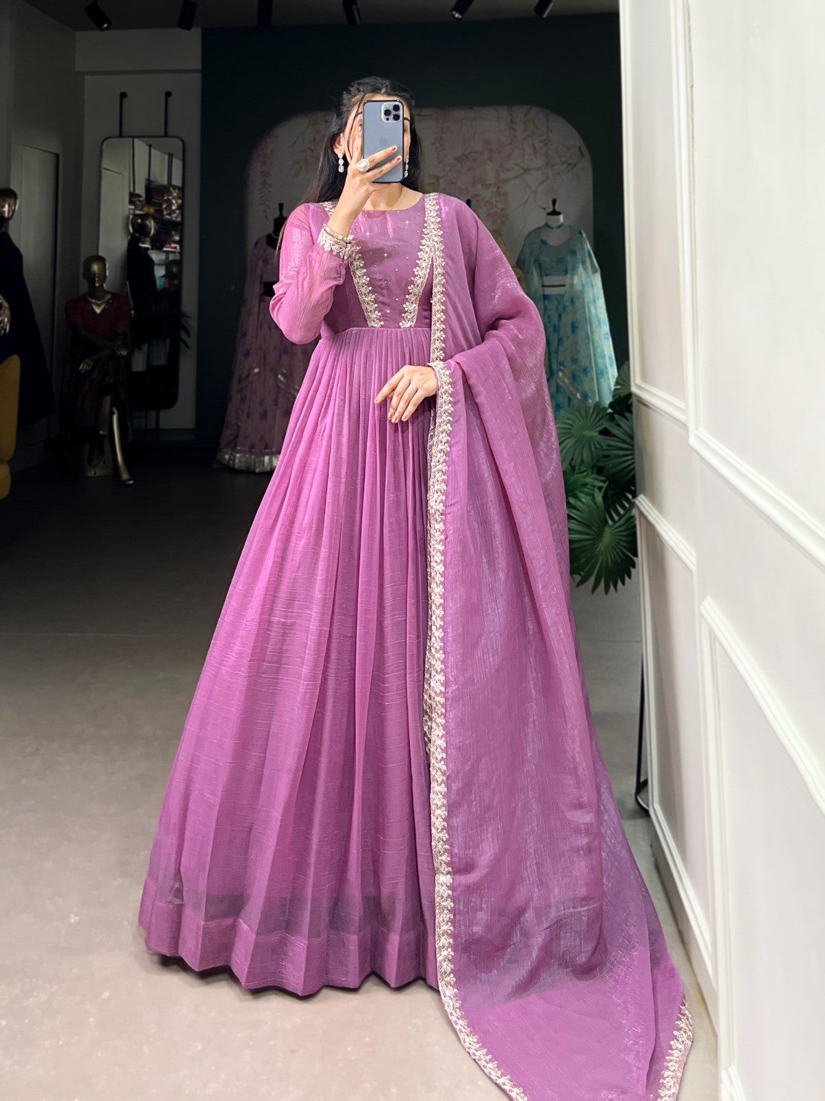 Embroidered Anarkali Gown with Dupatta Silver Glory Fabric Festive and Wedding Wear