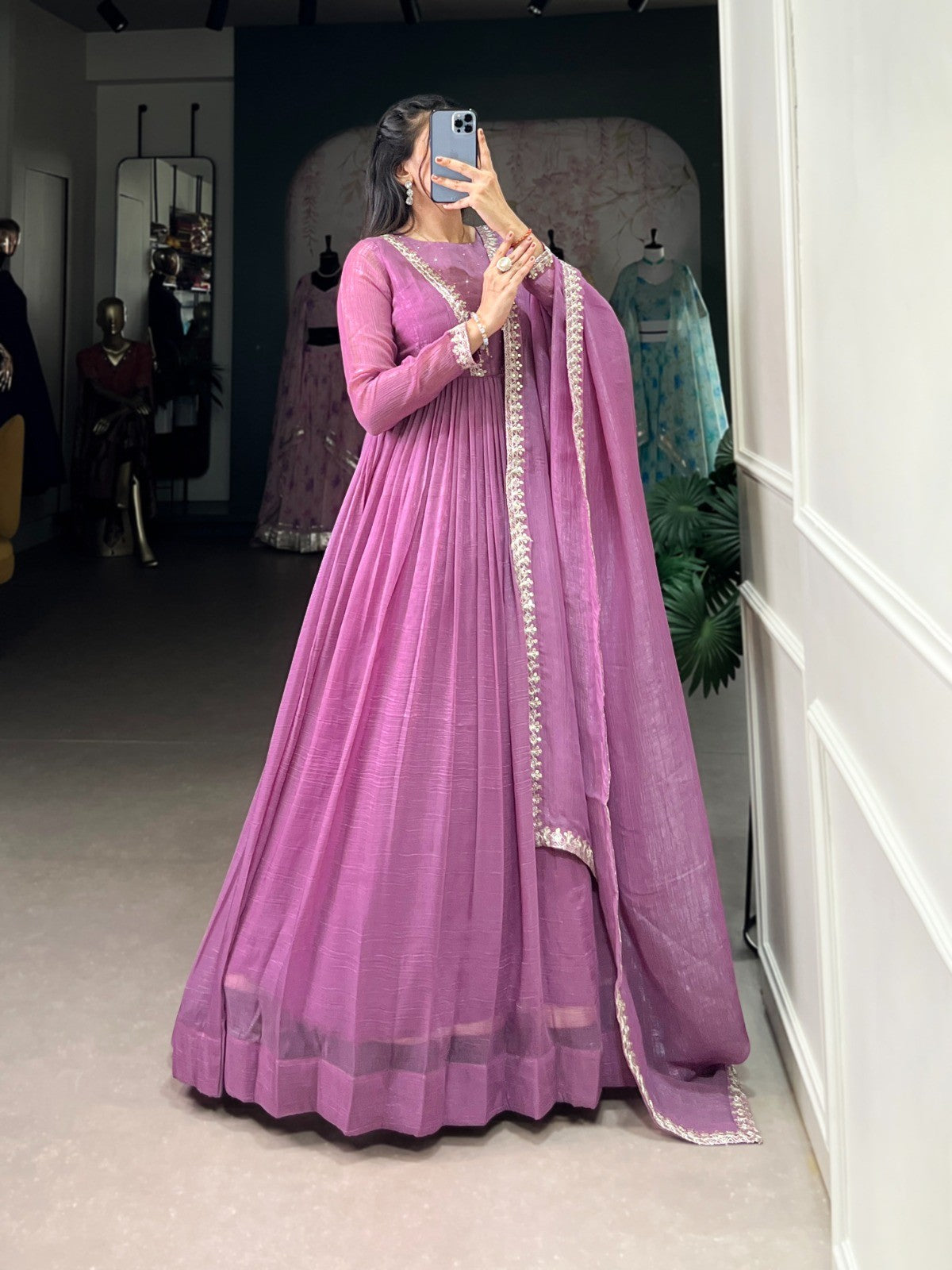 Embroidered Anarkali Gown with Dupatta Silver Glory Fabric Festive and Wedding Wear