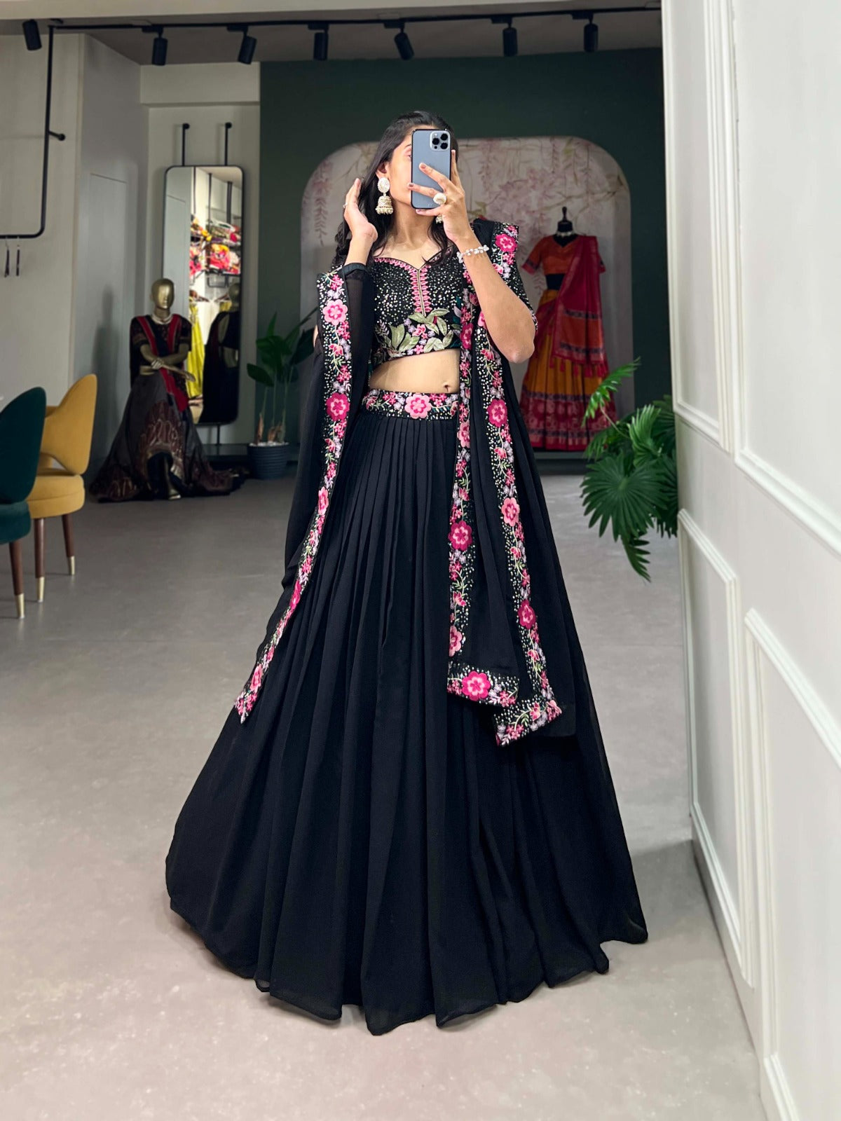 Elegant Black Georgette Embroidered Lehenga Set with Sequins & Thread Work