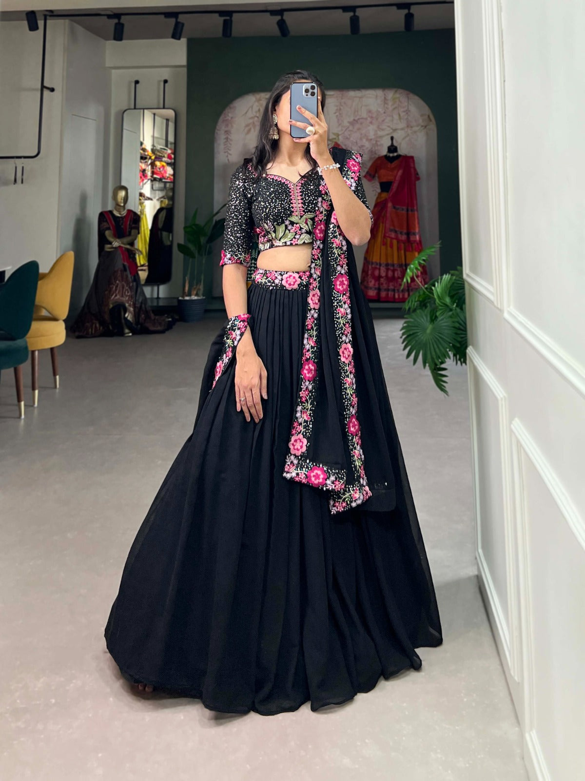 Elegant Black Georgette Embroidered Lehenga Set with Sequins & Thread Work