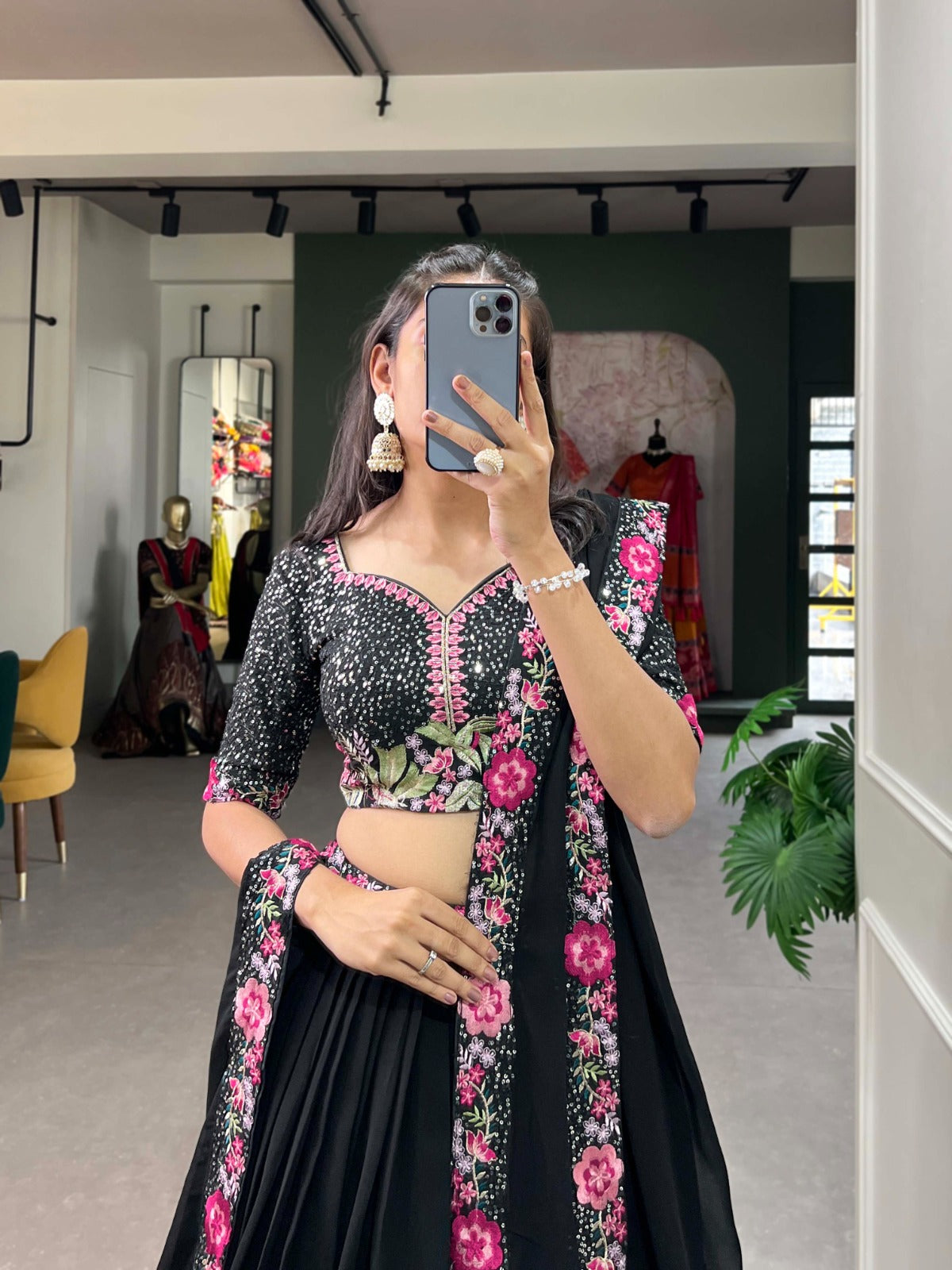 Elegant Black Georgette Embroidered Lehenga Set with Sequins & Thread Work