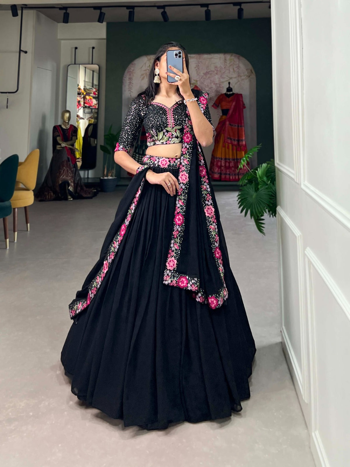 Elegant Black Georgette Embroidered Lehenga Set with Sequins & Thread Work