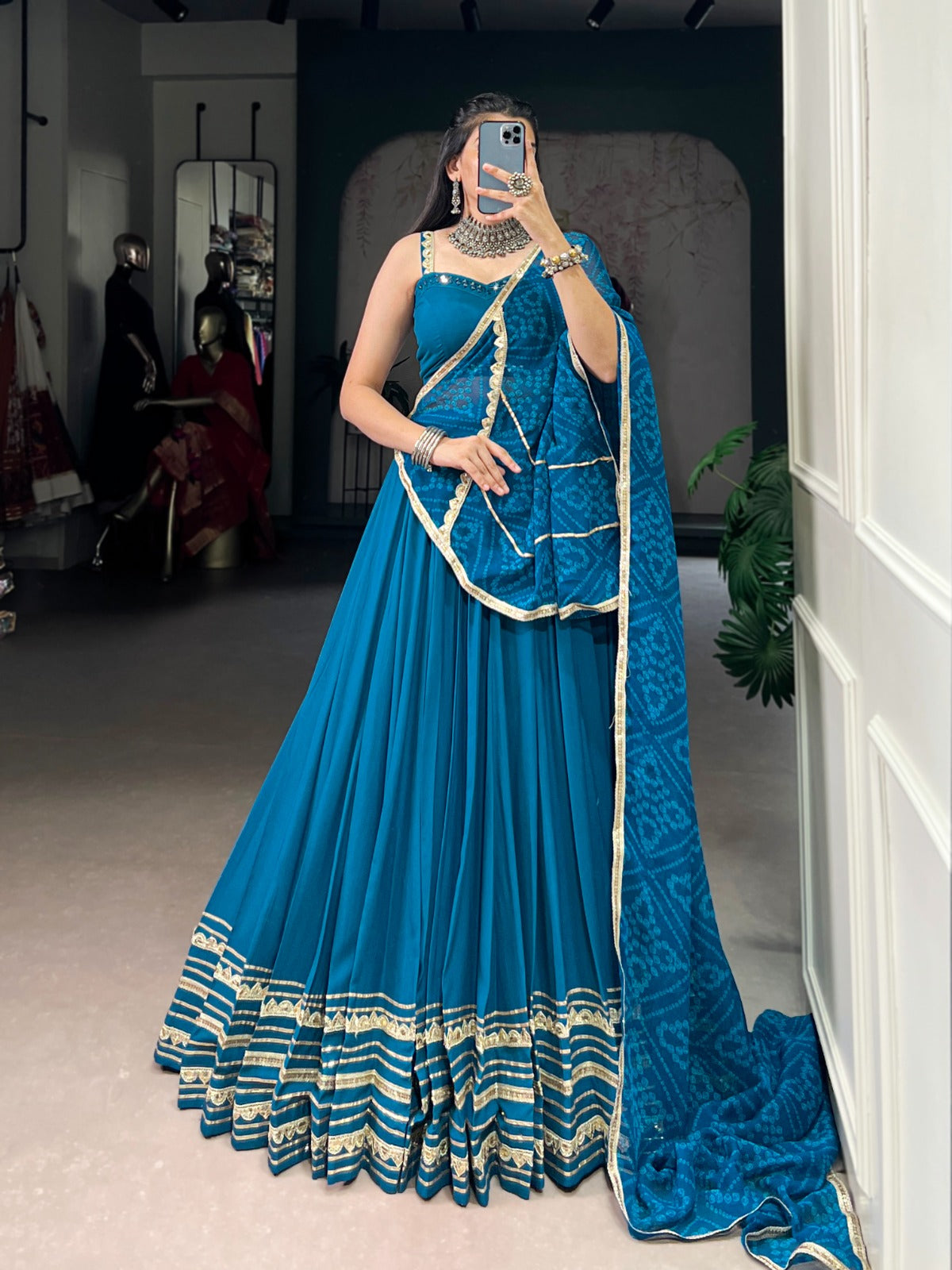 Teal Blue Rayon Lehenga Set with Real Mirror Work Blouse & Bandhej Chiffon Dupatta