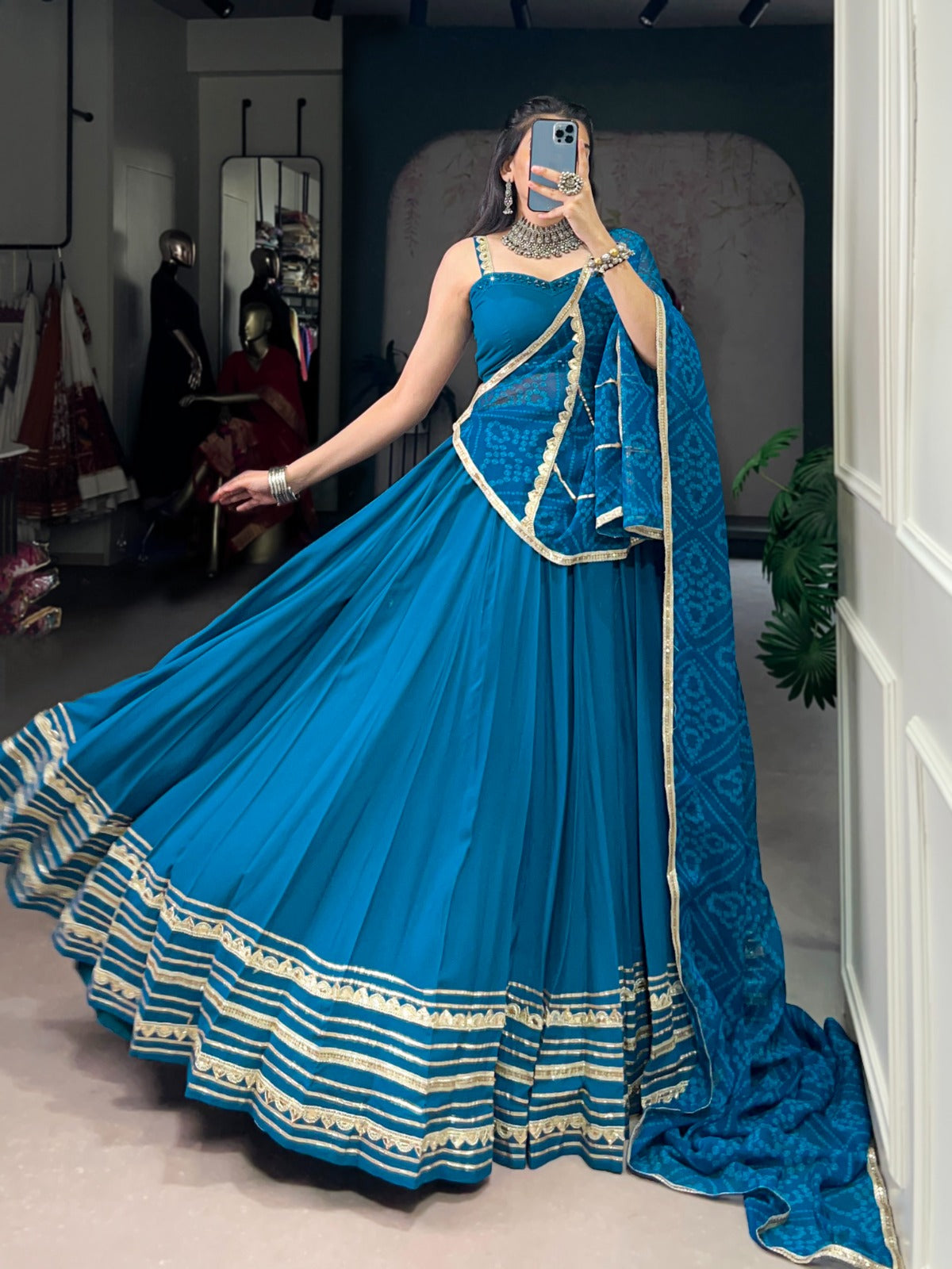 Teal Blue Rayon Lehenga Set with Real Mirror Work Blouse & Bandhej Chiffon Dupatta