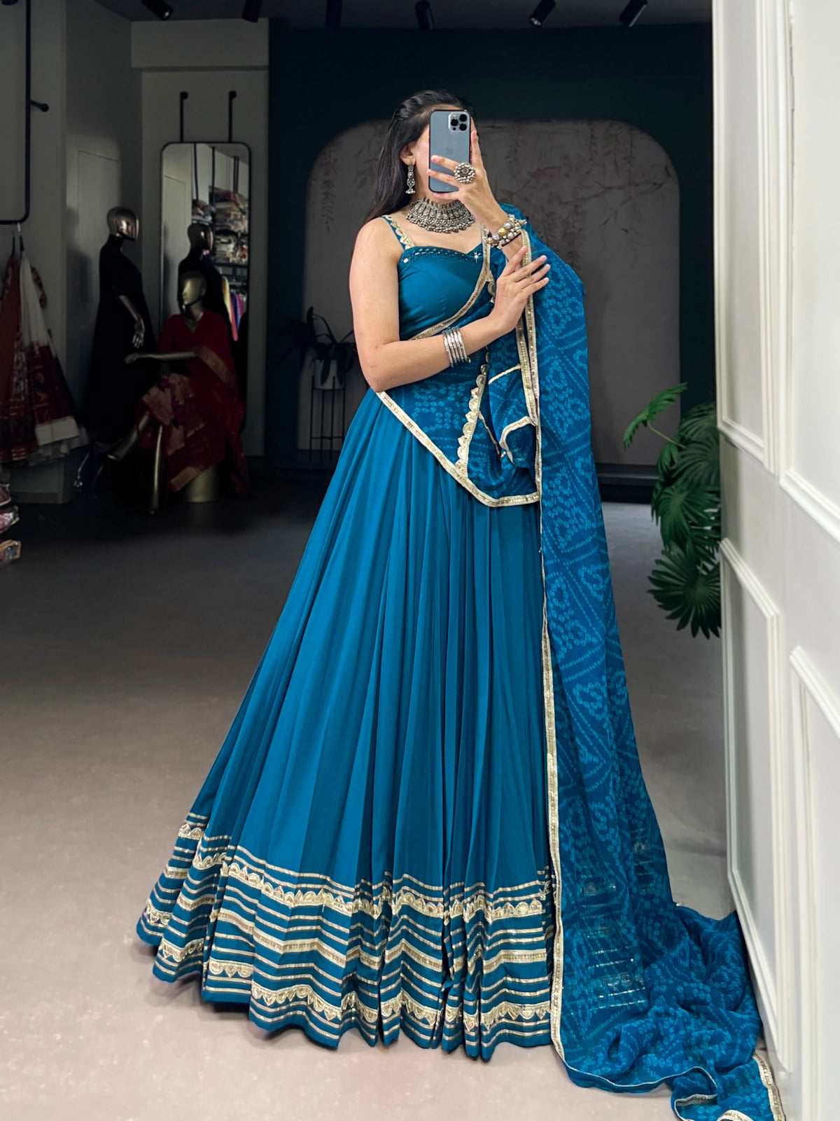 Teal Blue Rayon Lehenga Set with Real Mirror Work Blouse & Bandhej Chiffon Dupatta