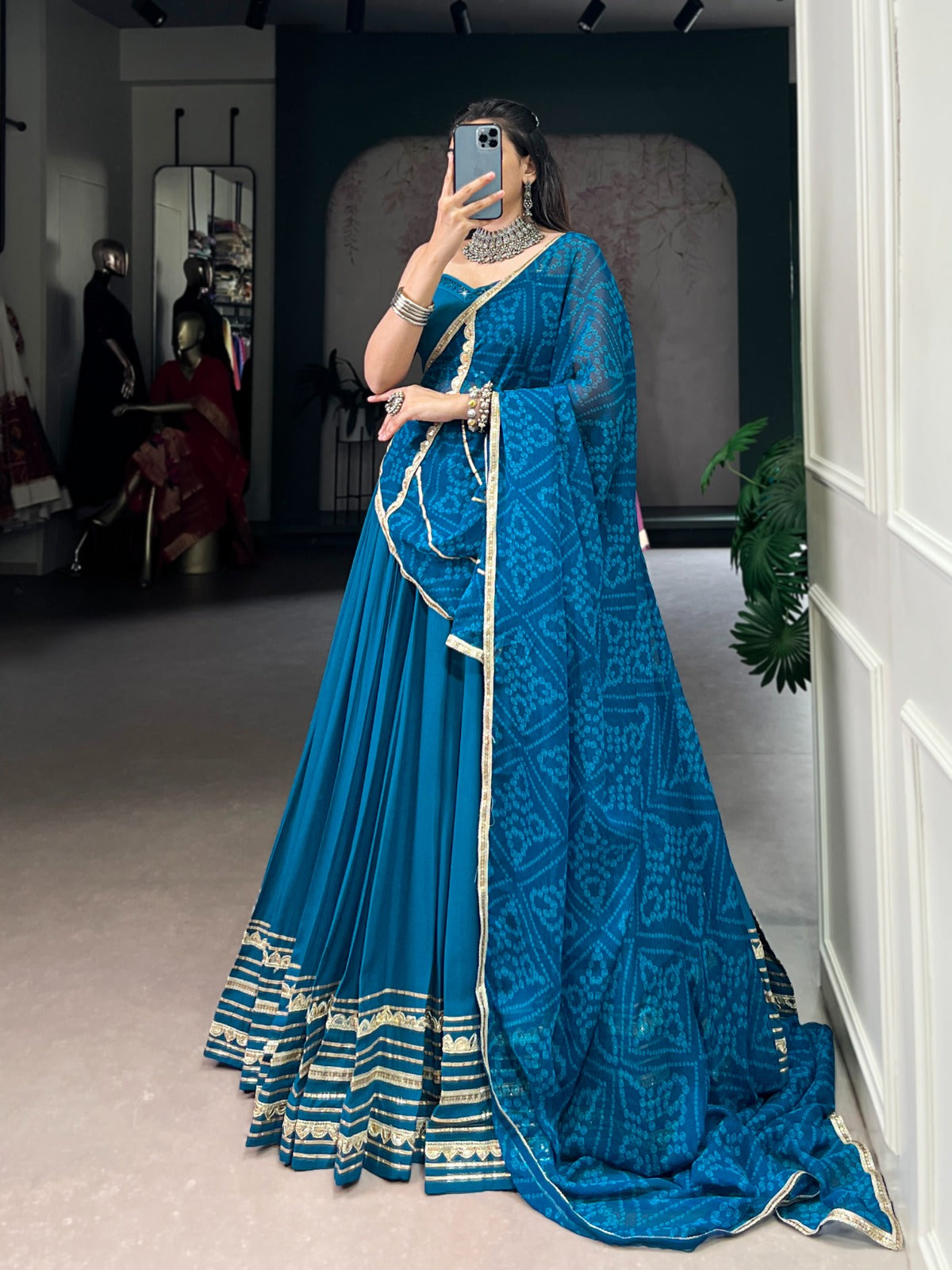 Teal Blue Rayon Lehenga Set with Real Mirror Work Blouse & Bandhej Chiffon Dupatta