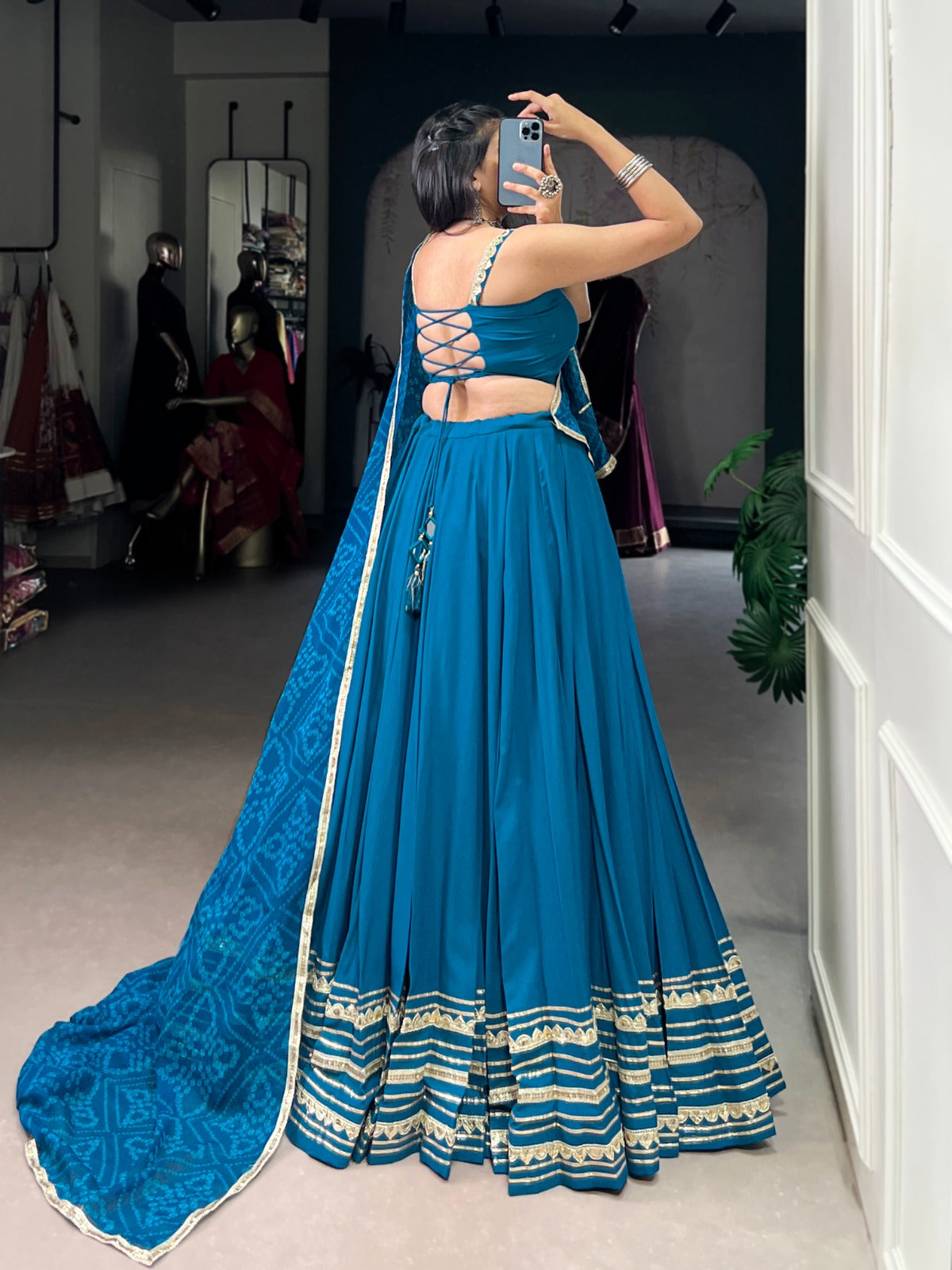 Teal Blue Rayon Lehenga Set with Real Mirror Work Blouse & Bandhej Chiffon Dupatta