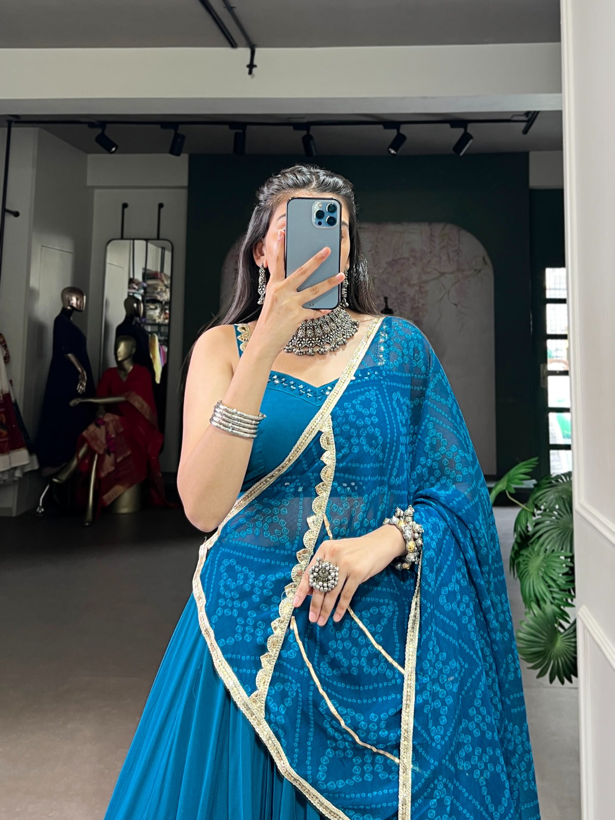 Teal Blue Rayon Lehenga Set with Real Mirror Work Blouse & Bandhej Chiffon Dupatta