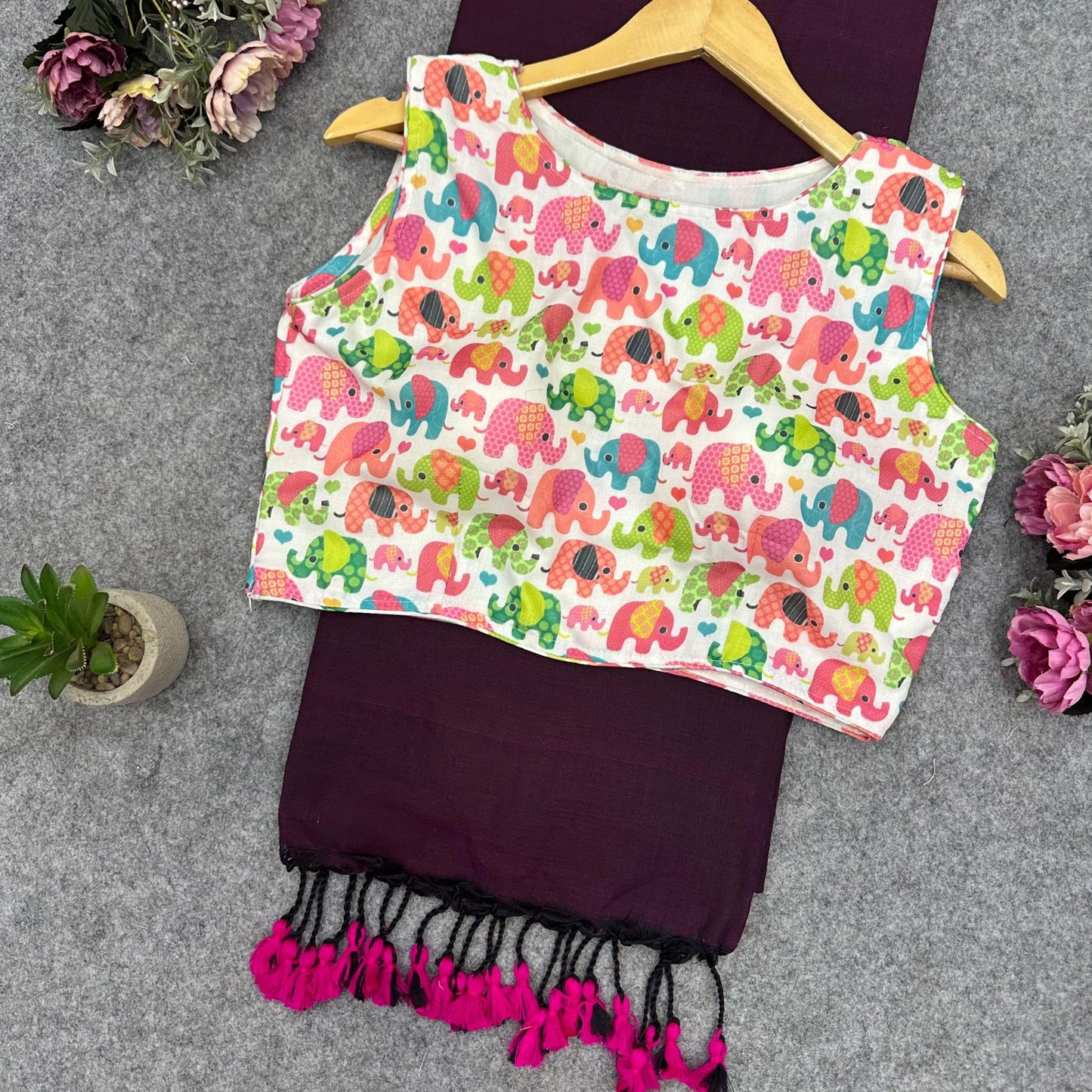 Printed Readymade Blouse with Solid Color Saree Multiple Vibrant Shades
