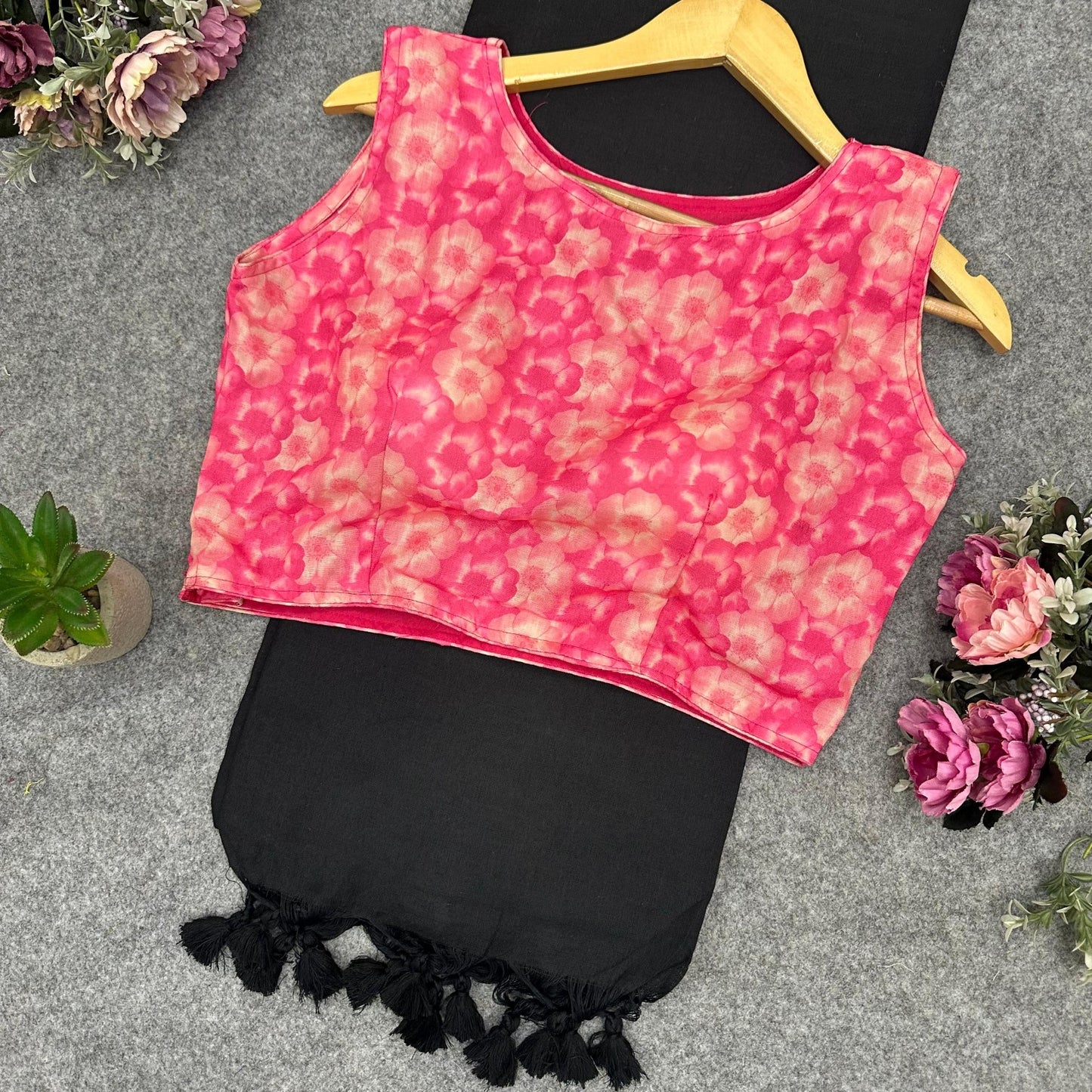 Printed Readymade Blouse with Solid Color Saree Multiple Vibrant Shades