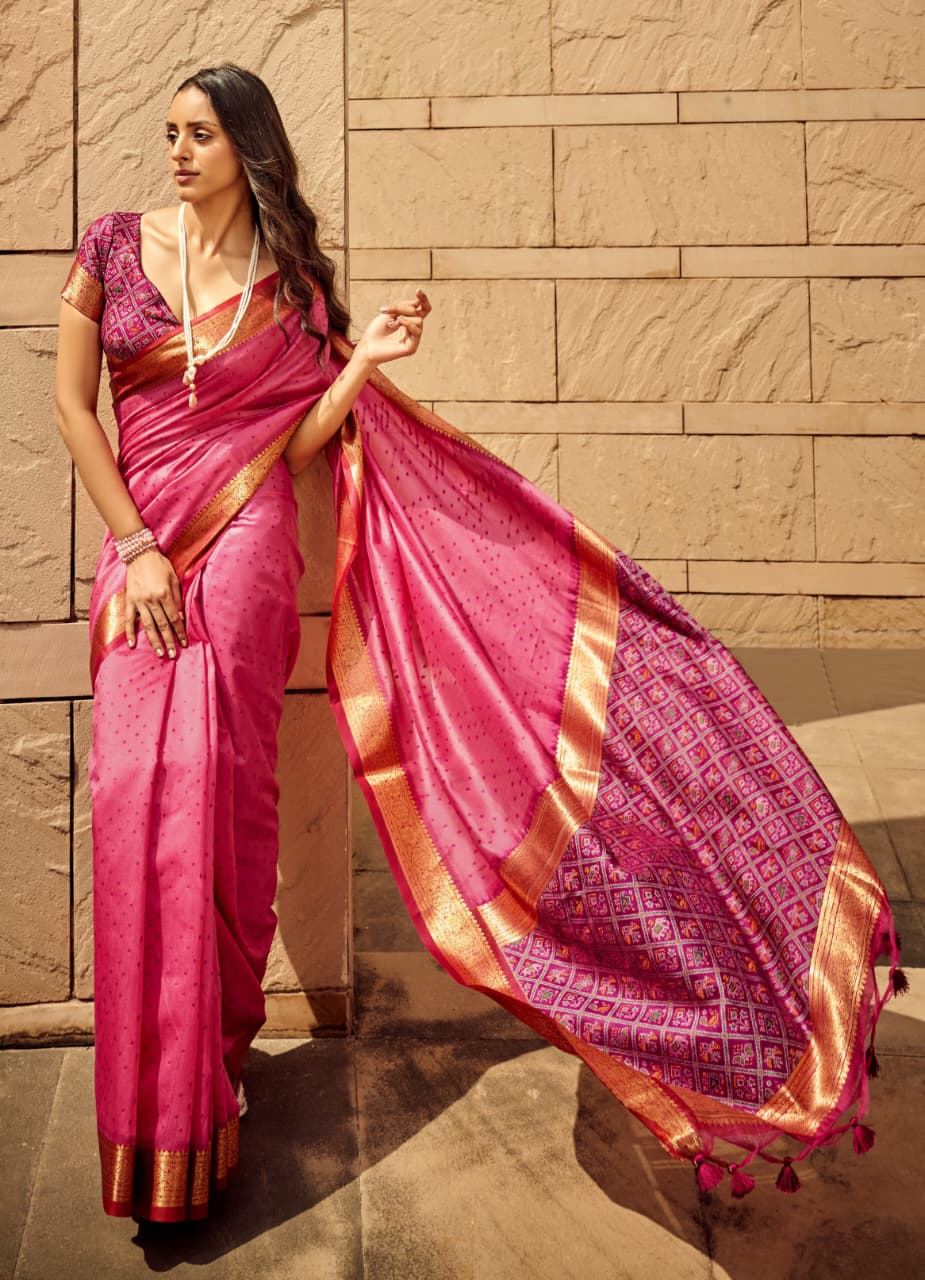 Soft Khadi Raw Silk Bandhani Weaving Saree with Patola Pallu & Contrast Blouse