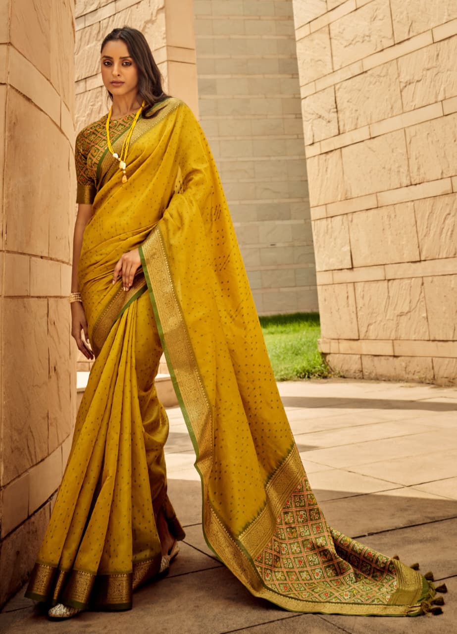 Soft Khadi Raw Silk Bandhani Weaving Saree with Patola Pallu & Contrast Blouse