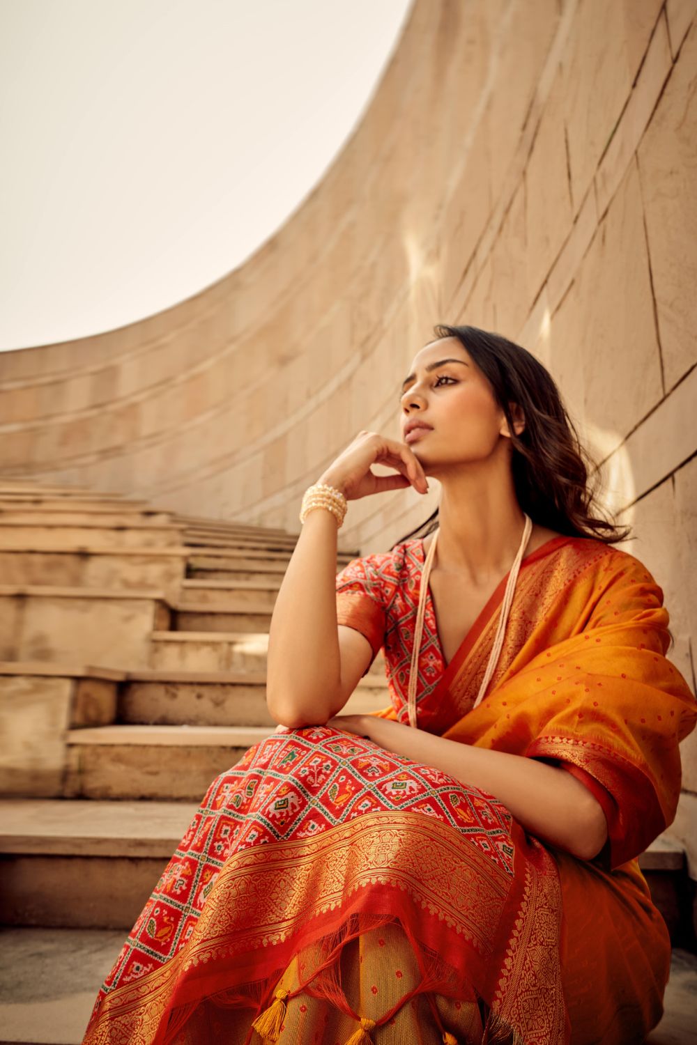 Soft Khadi Raw Silk Bandhani Weaving Saree with Patola Pallu & Contrast Blouse