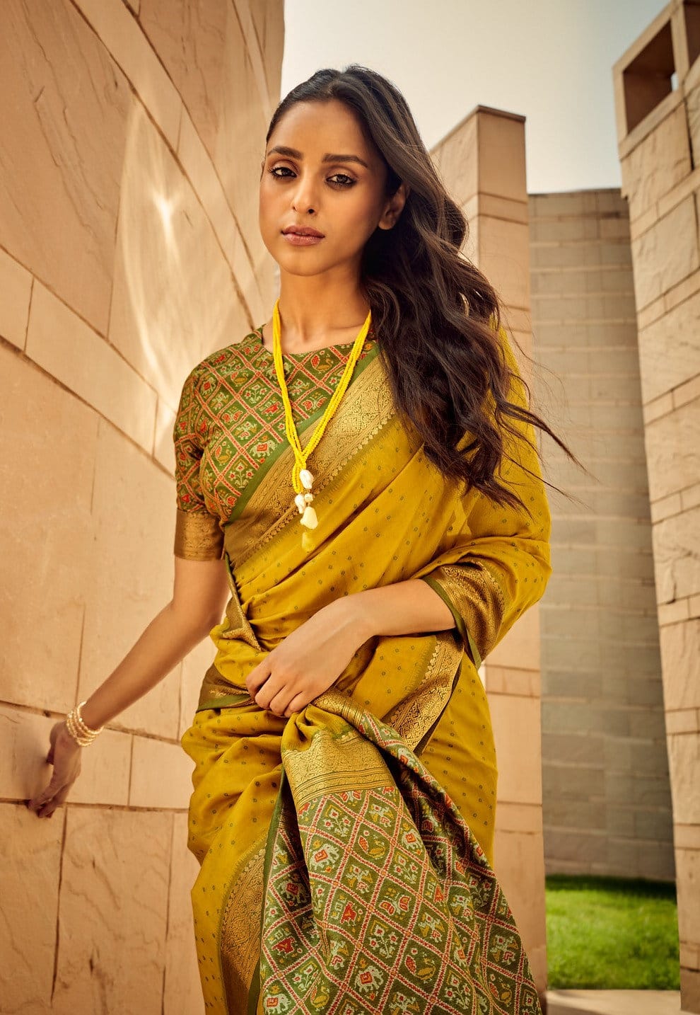 Soft Khadi Raw Silk Bandhani Weaving Saree with Patola Pallu & Contrast Blouse