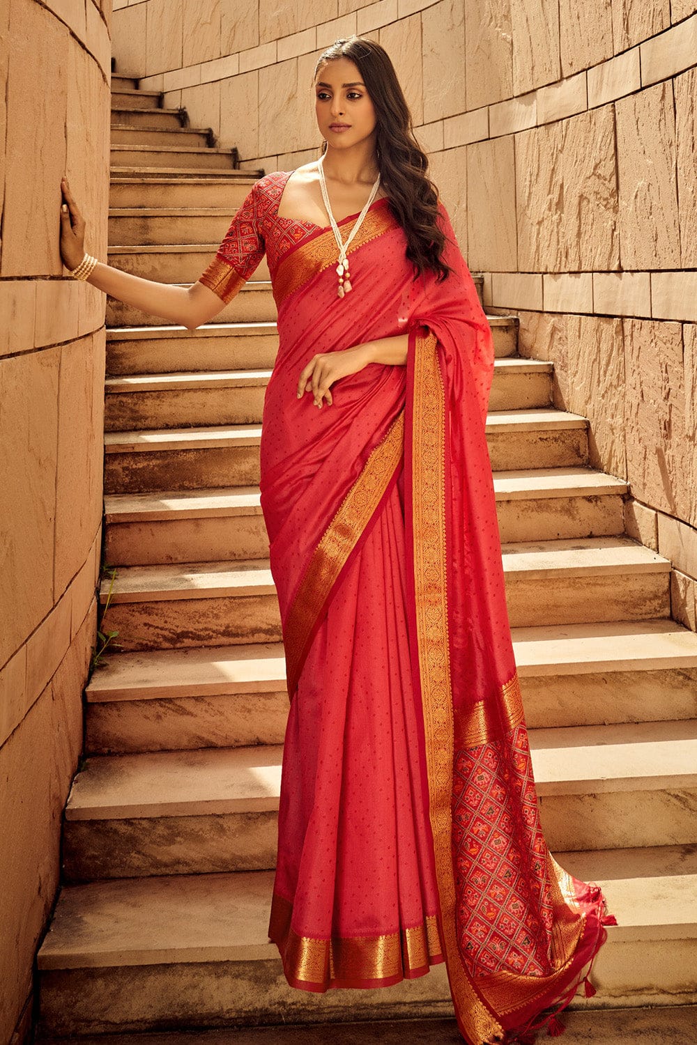 Soft Khadi Raw Silk Bandhani Weaving Saree with Patola Pallu & Contrast Blouse