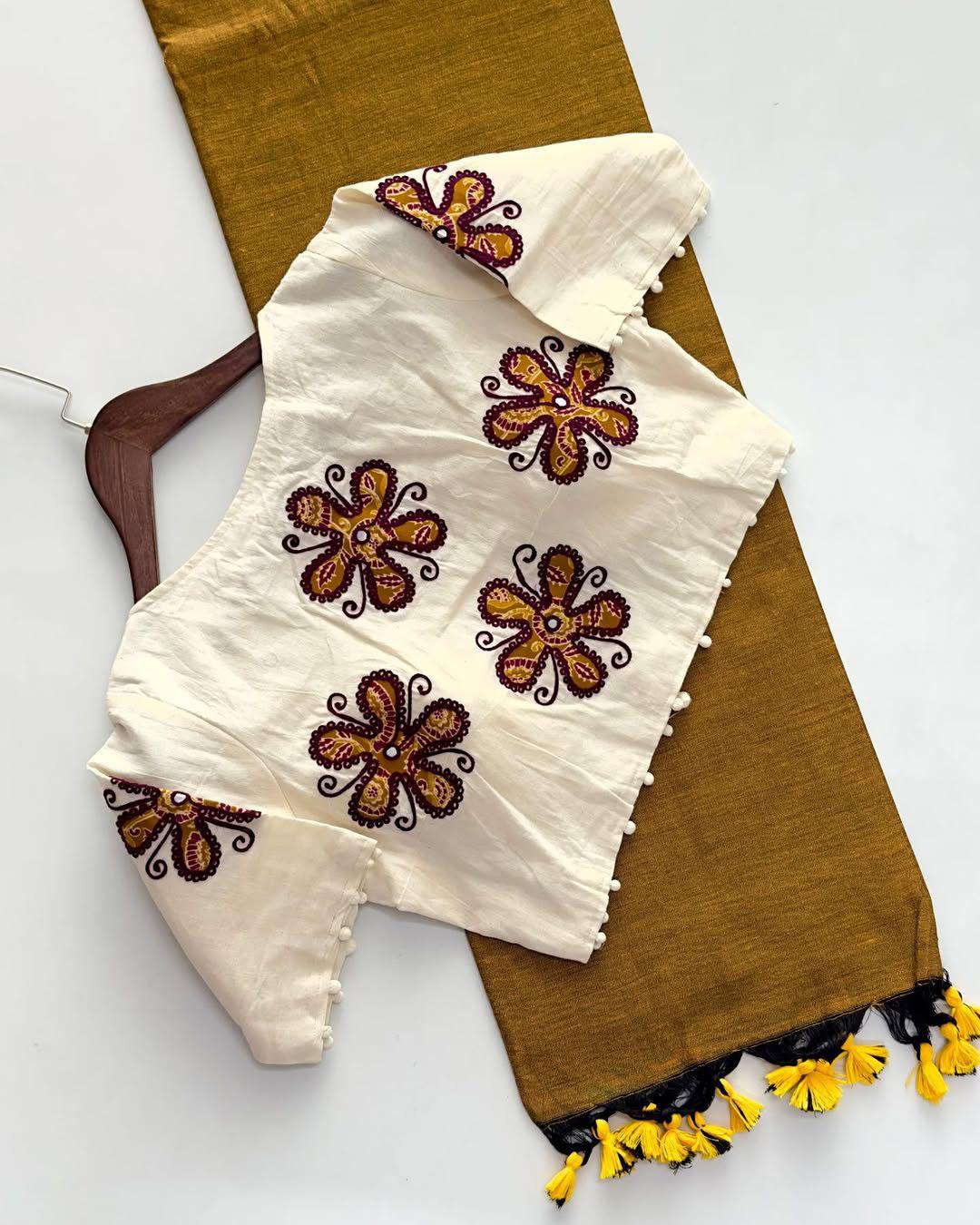 Khadi Cotton Saree with Readymade Heavy Applique Khadi Blouse