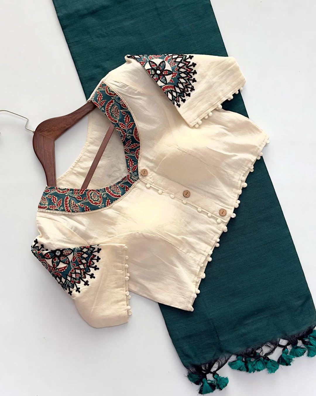 Khadi Cotton Saree with Readymade Heavy Applique Khadi Blouse