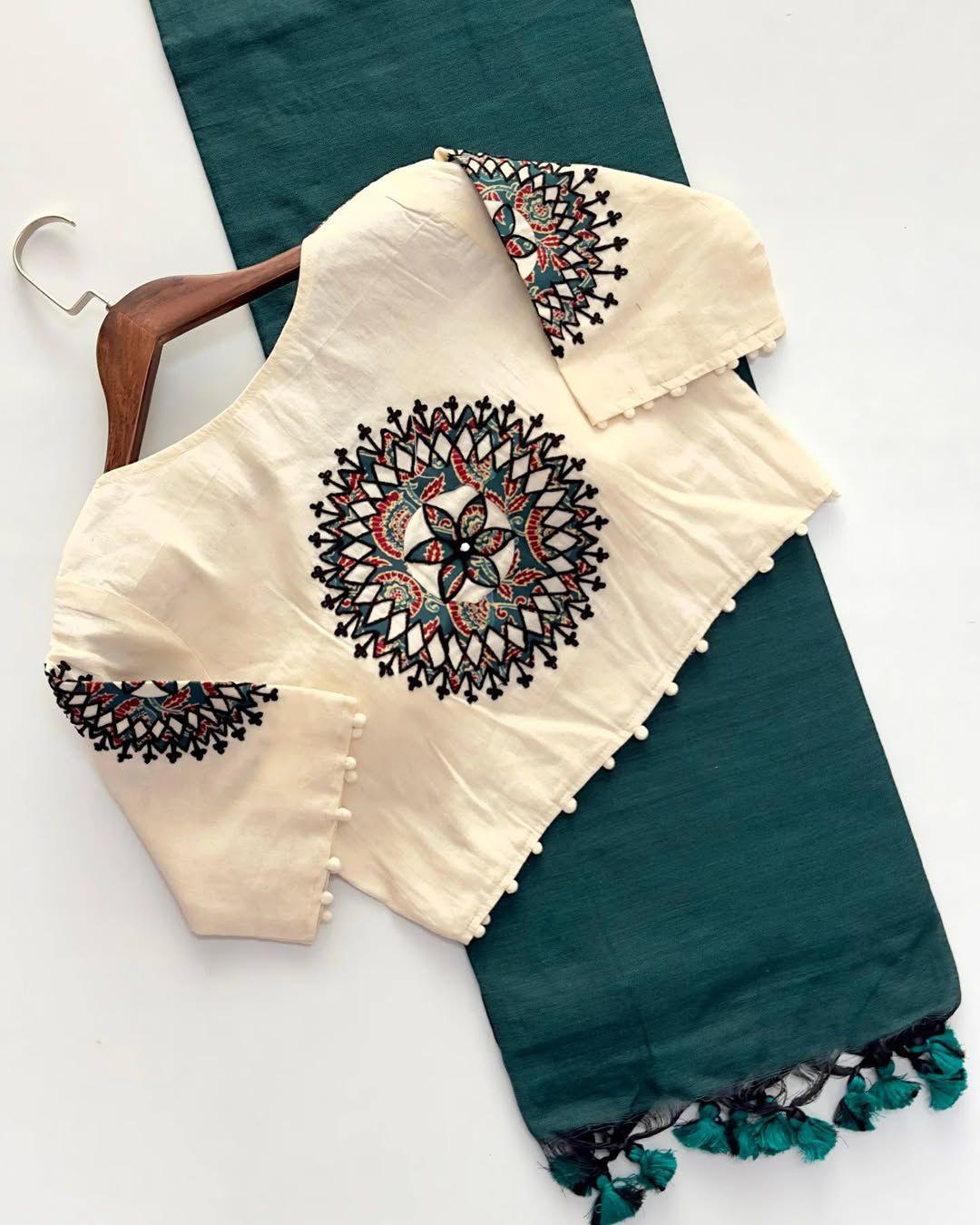 Khadi Cotton Saree with Readymade Heavy Applique Khadi Blouse