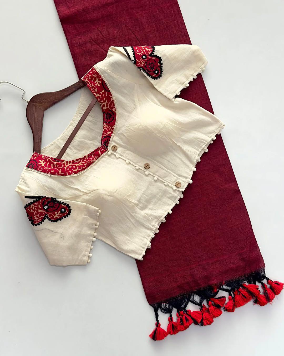 Khadi Cotton Saree with Readymade Heavy Applique Khadi Blouse