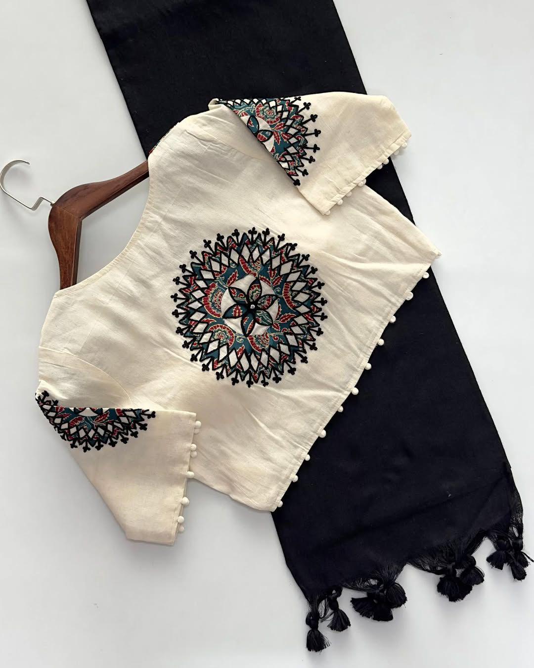 Khadi Cotton Saree with Readymade Heavy Applique Khadi Blouse