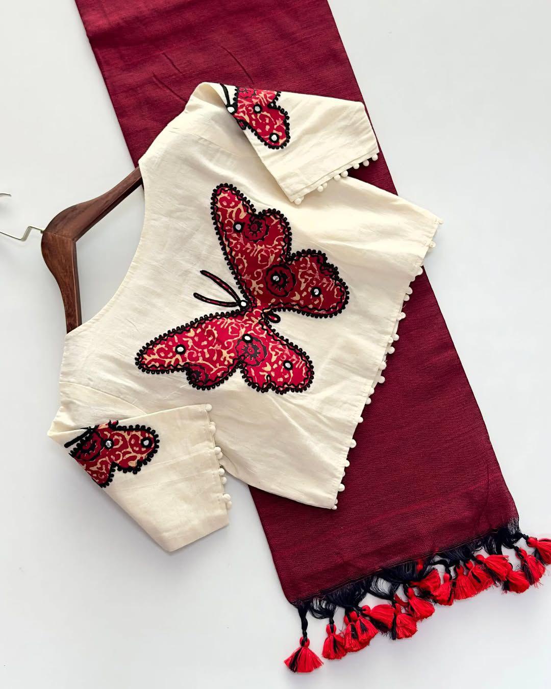Khadi Cotton Saree with Readymade Heavy Applique Khadi Blouse