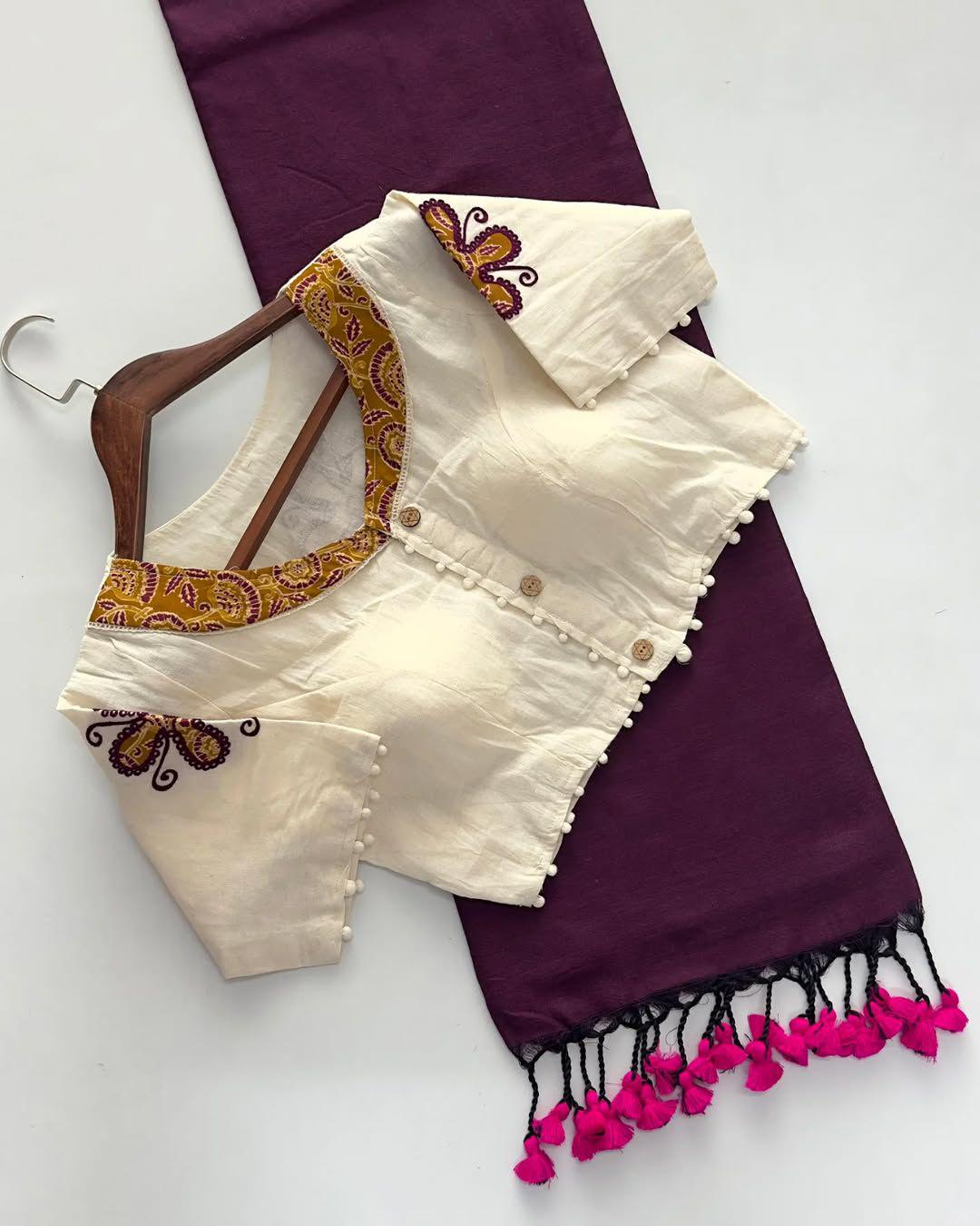 Khadi Cotton Saree with Readymade Heavy Applique Khadi Blouse