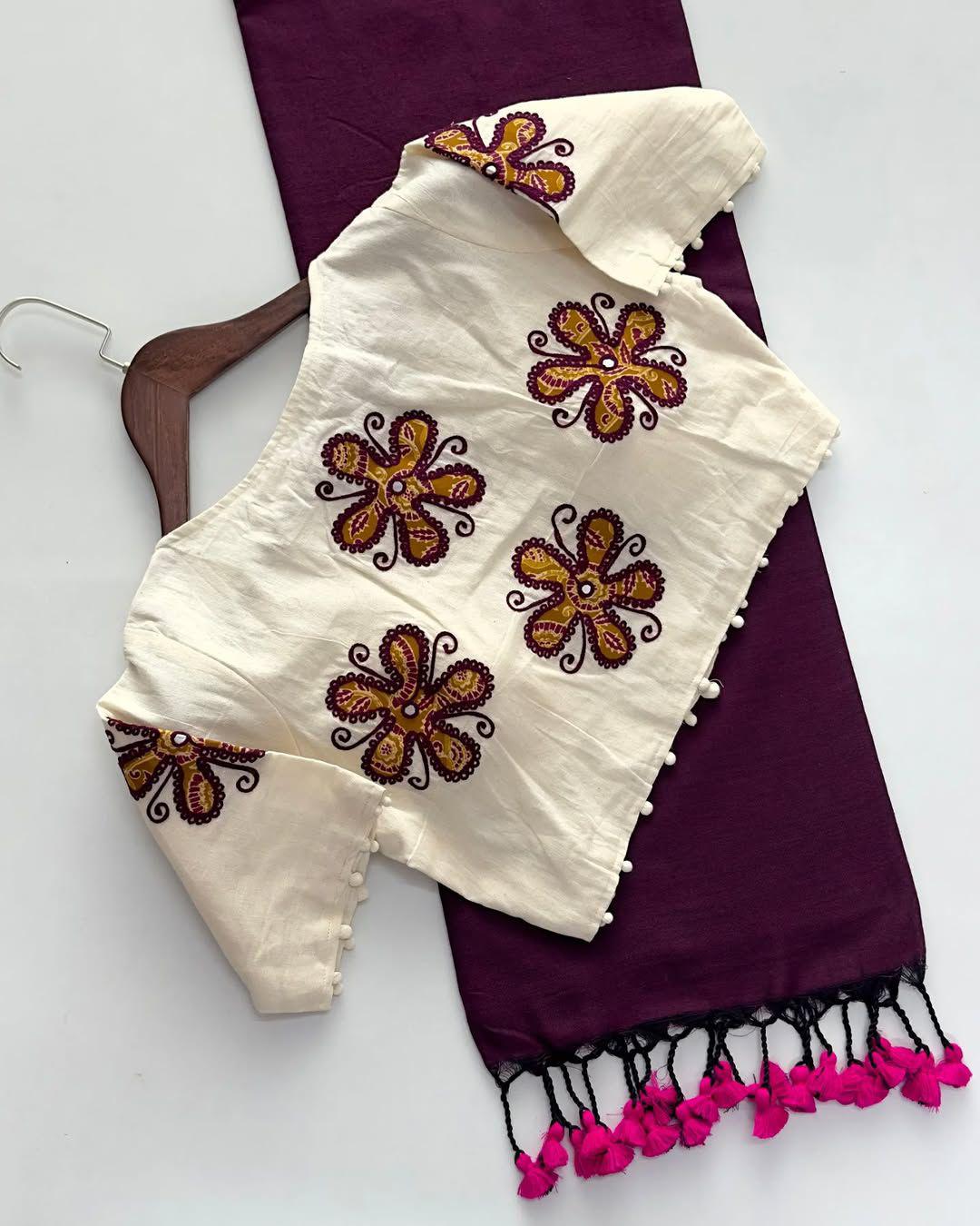 Khadi Cotton Saree with Readymade Heavy Applique Khadi Blouse