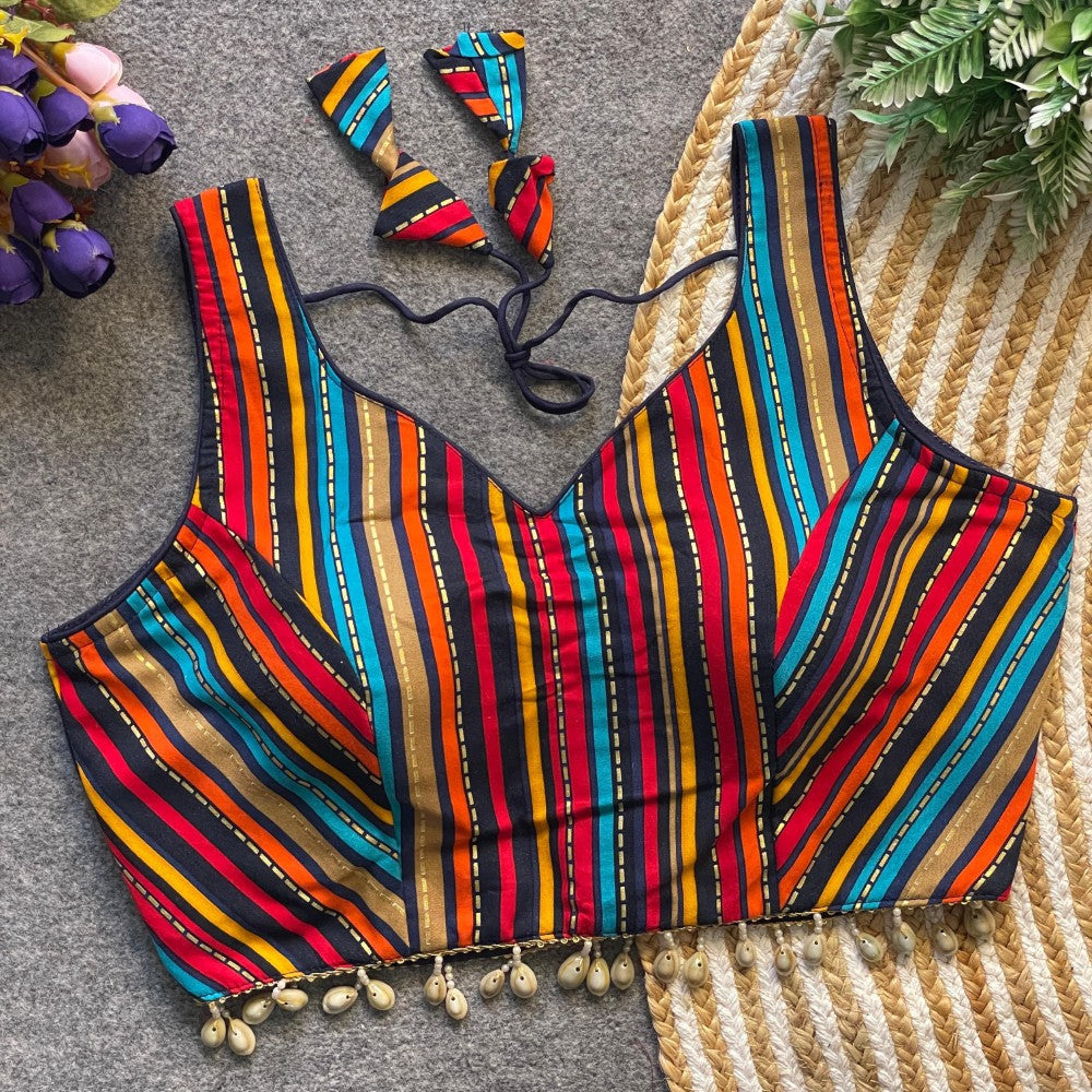 Multicolor Striped Rayon Cotton Sleeveless Blouse with Cowrie Shell Detailing