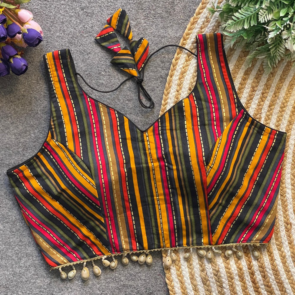 Multicolor Striped Rayon Cotton Sleeveless Blouse with Cowrie Shell Detailing