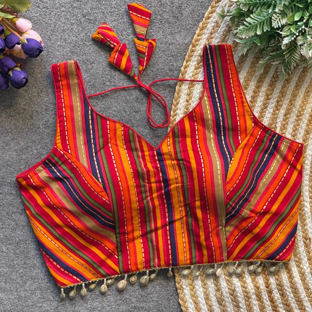 Multicolor Striped Rayon Cotton Sleeveless Blouse with Cowrie Shell Detailing