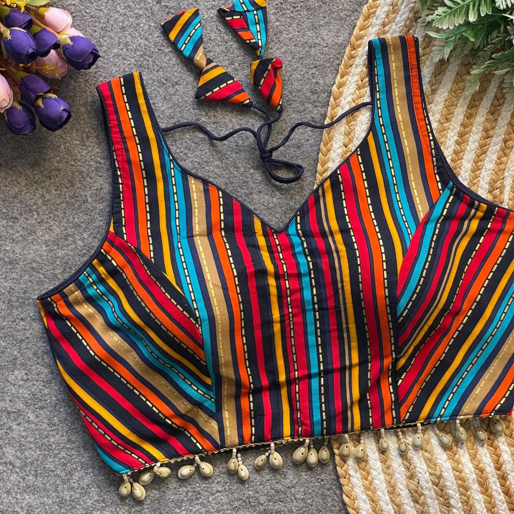 Multicolor Striped Rayon Cotton Sleeveless Blouse with Cowrie Shell Detailing
