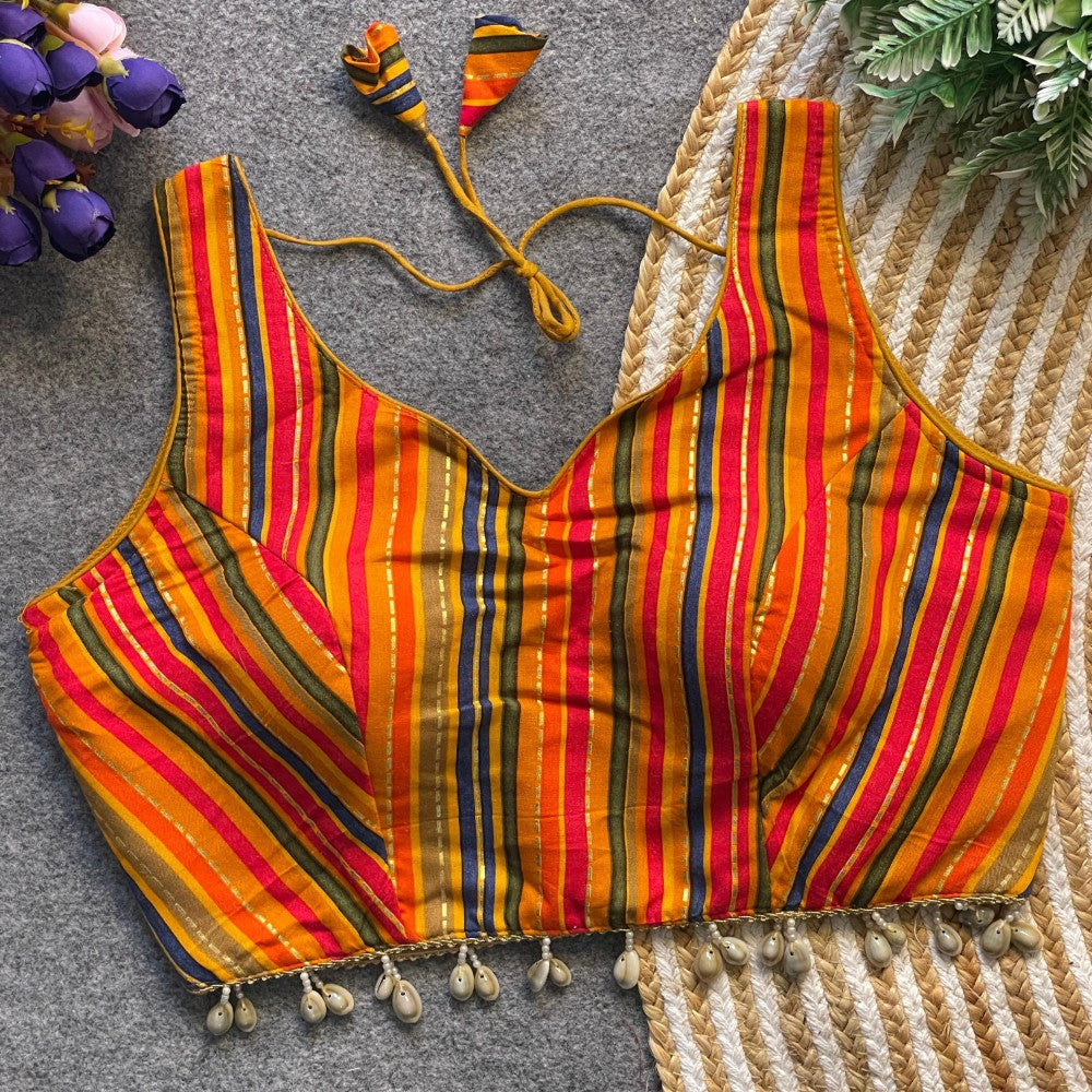 Multicolor Striped Rayon Cotton Sleeveless Blouse with Cowrie Shell Detailing