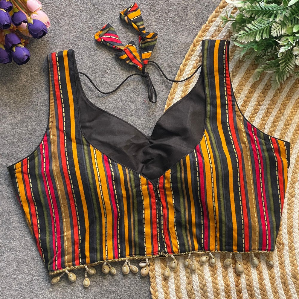 Multicolor Striped Rayon Cotton Sleeveless Blouse with Cowrie Shell Detailing