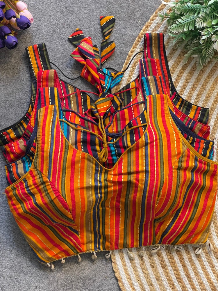 Multicolor Striped Rayon Cotton Sleeveless Blouse with Cowrie Shell Detailing