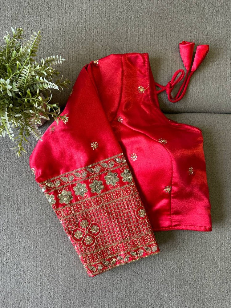 Silk Embroidered Blouse with Elbow Sleeves and Golden Zari Work Designer Saree Blouse for Women