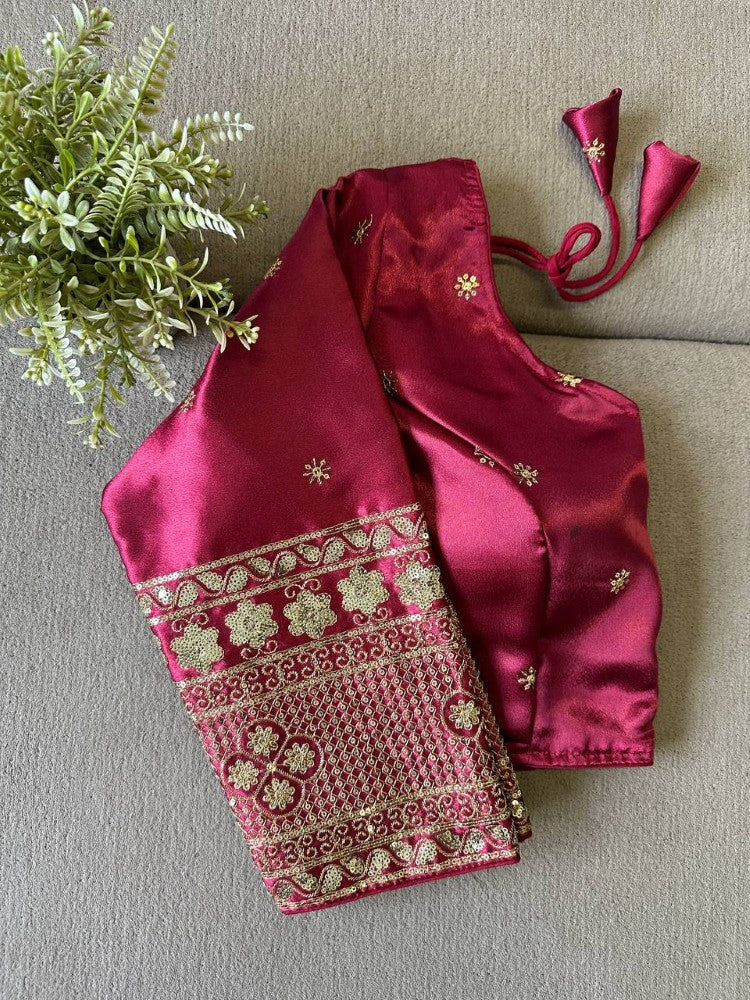 Silk Embroidered Blouse with Elbow Sleeves and Golden Zari Work Designer Saree Blouse for Women