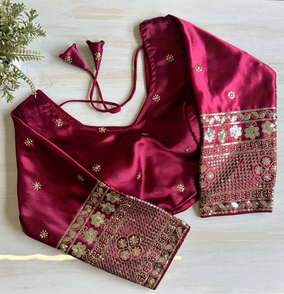 Silk Embroidered Blouse with Elbow Sleeves and Golden Zari Work Designer Saree Blouse for Women