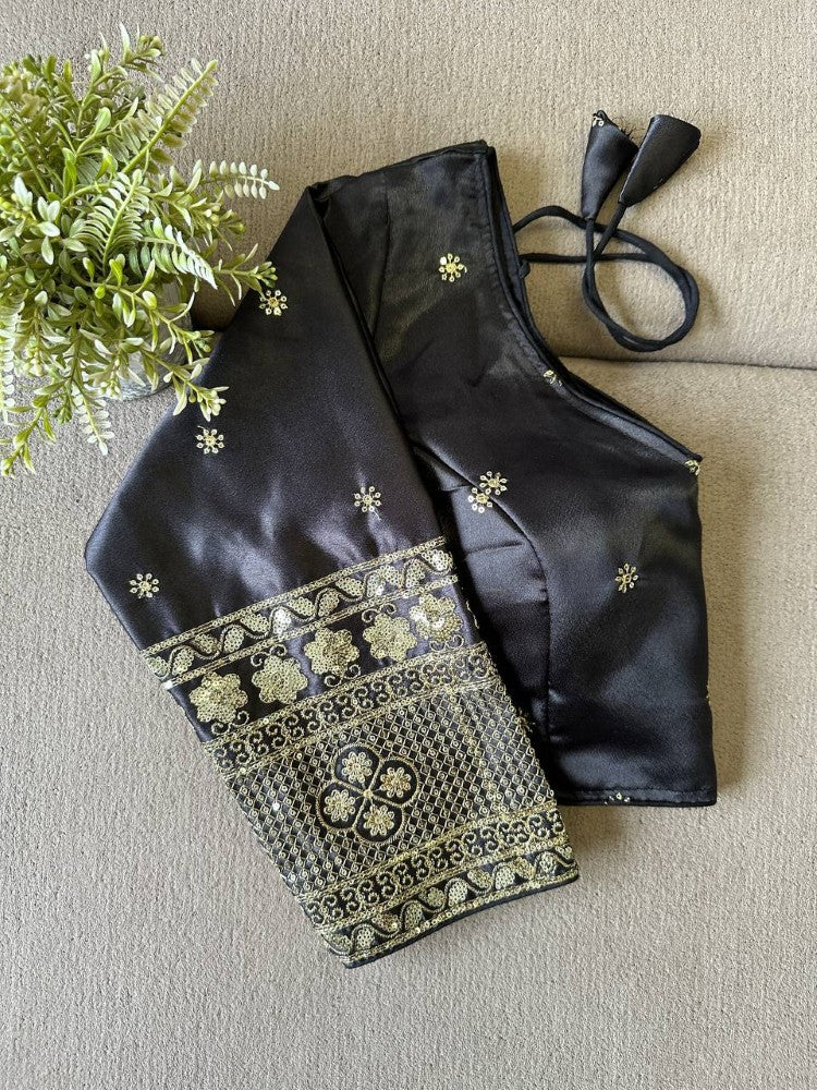 Silk Embroidered Blouse with Elbow Sleeves and Golden Zari Work Designer Saree Blouse for Women