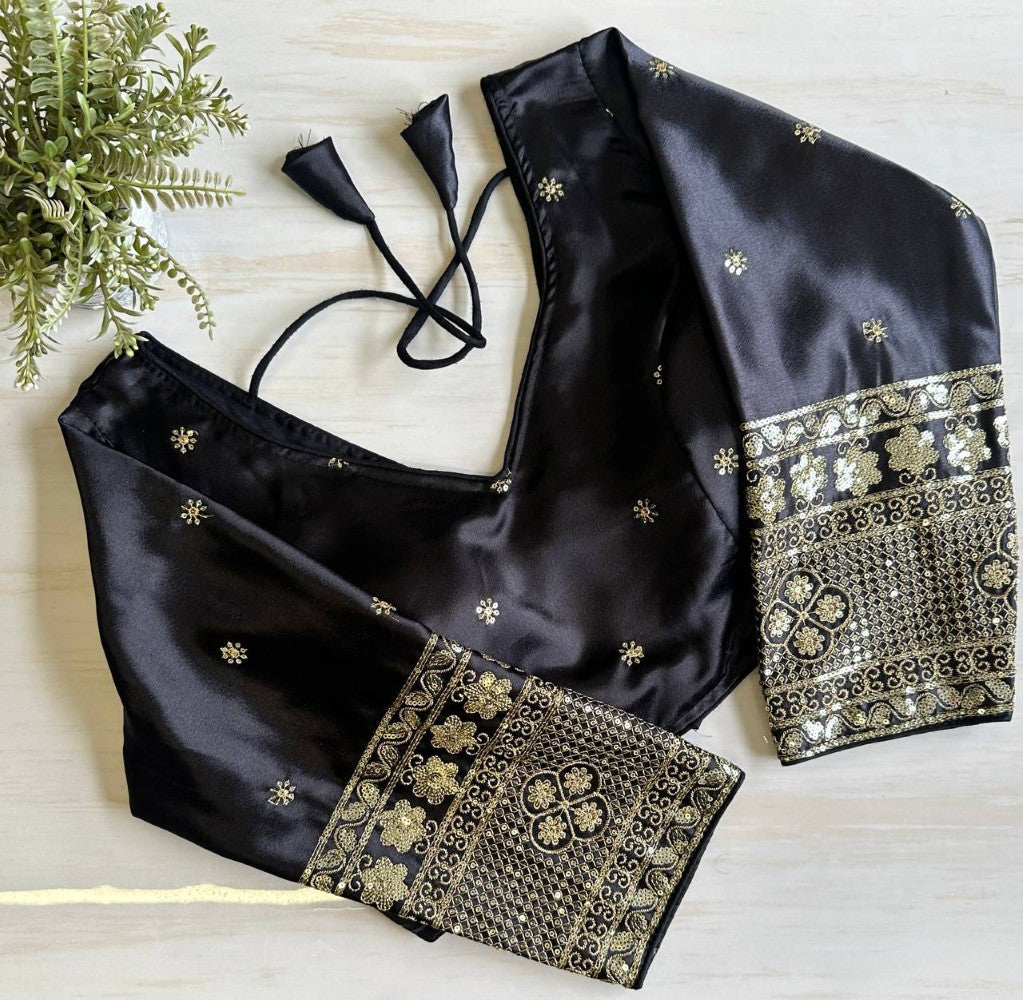 Silk Embroidered Blouse with Elbow Sleeves and Golden Zari Work Designer Saree Blouse for Women