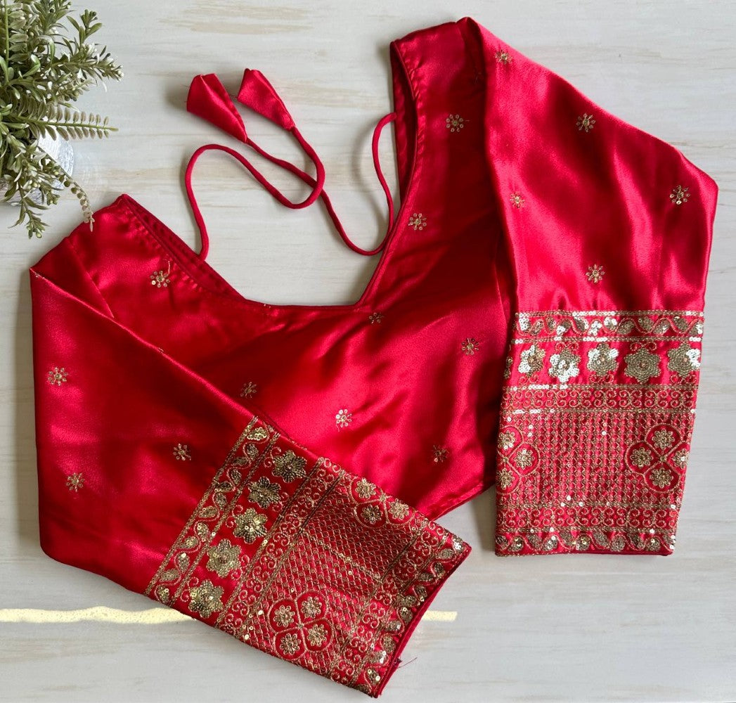 Silk Embroidered Blouse with Elbow Sleeves and Golden Zari Work Designer Saree Blouse for Women