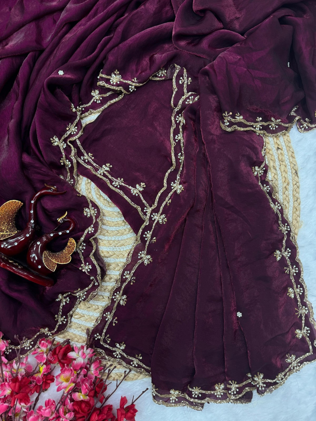 Wine Space Silk Saree with Katdana and Pearl Handwork