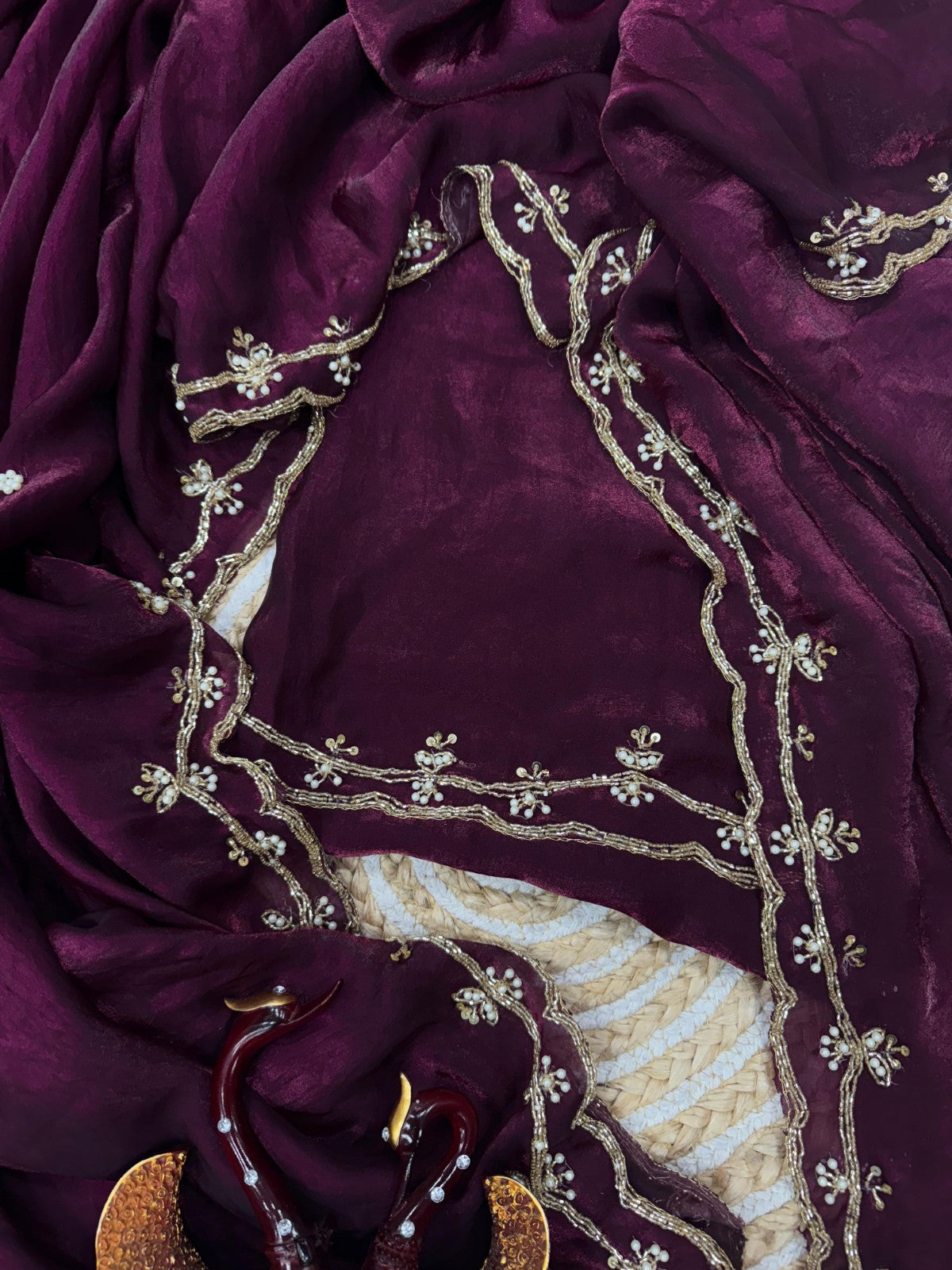 Wine Space Silk Saree with Katdana and Pearl Handwork