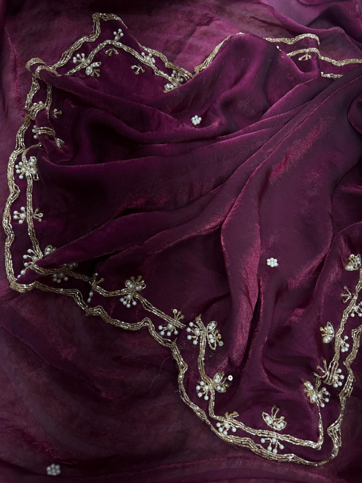 Wine Space Silk Saree with Katdana and Pearl Handwork