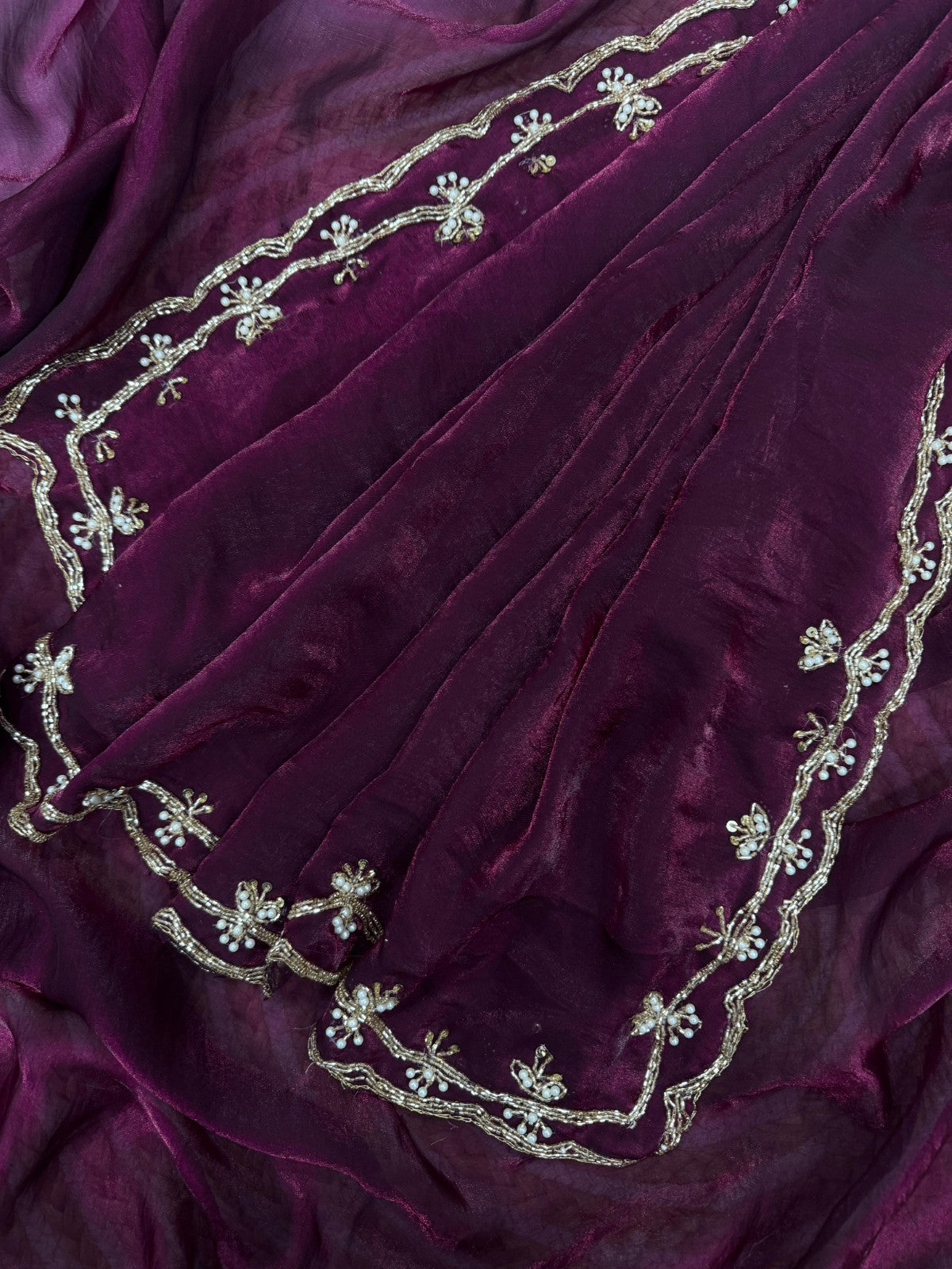 Wine Space Silk Saree with Katdana and Pearl Handwork