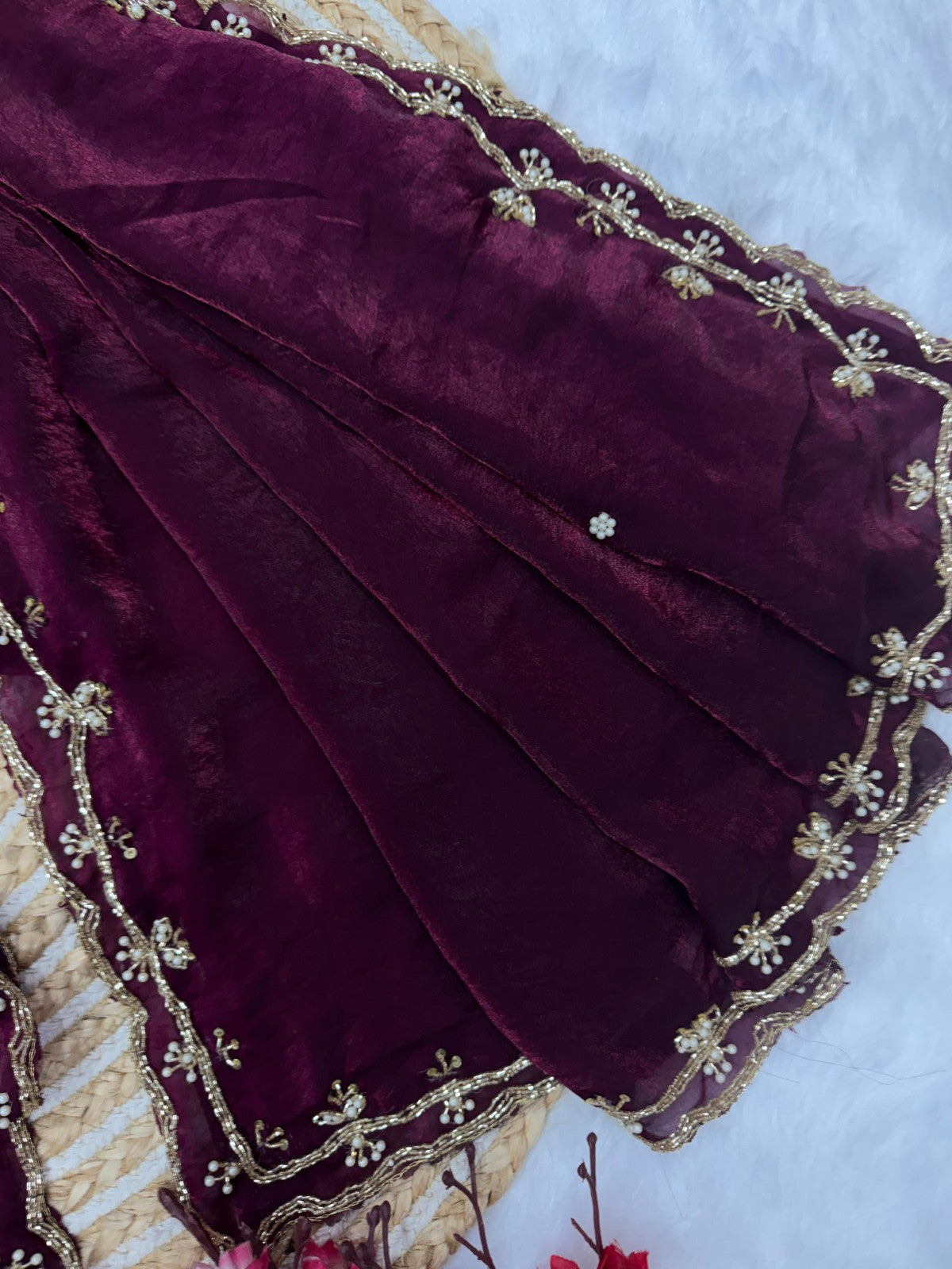 Wine Space Silk Saree with Katdana and Pearl Handwork
