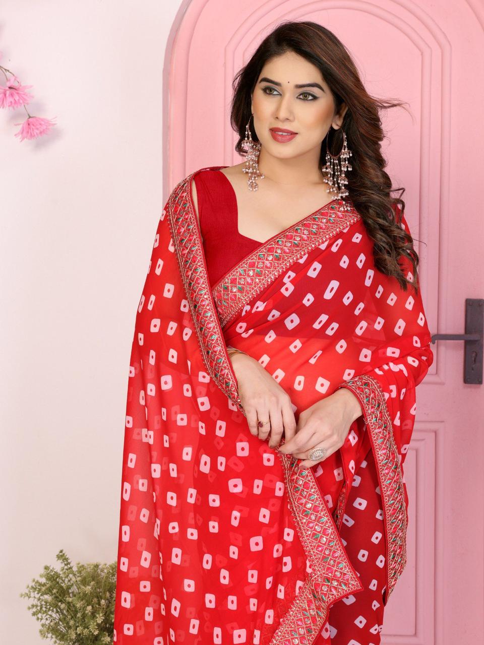 Bandhej Georgette Saree with Embroidered Lace Border and Designer Blouse