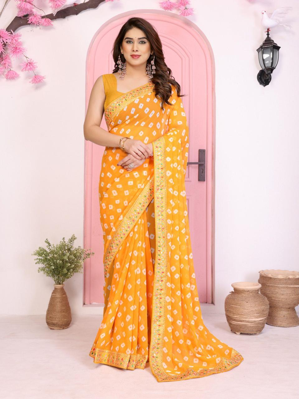 Bandhej Georgette Saree with Embroidered Lace Border and Designer Blouse