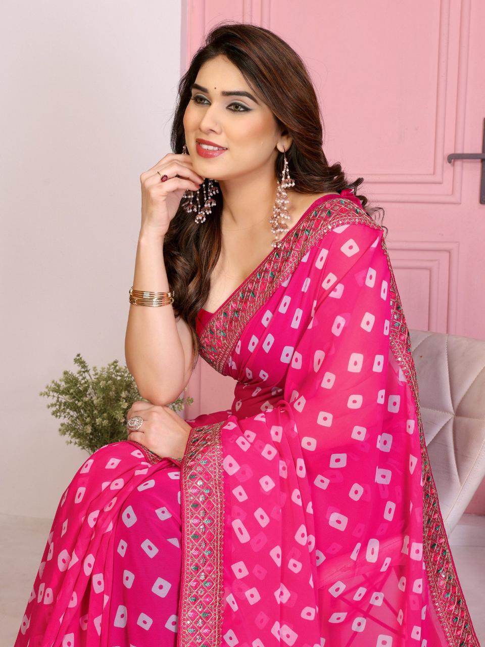 Bandhej Georgette Saree with Embroidered Lace Border and Designer Blouse